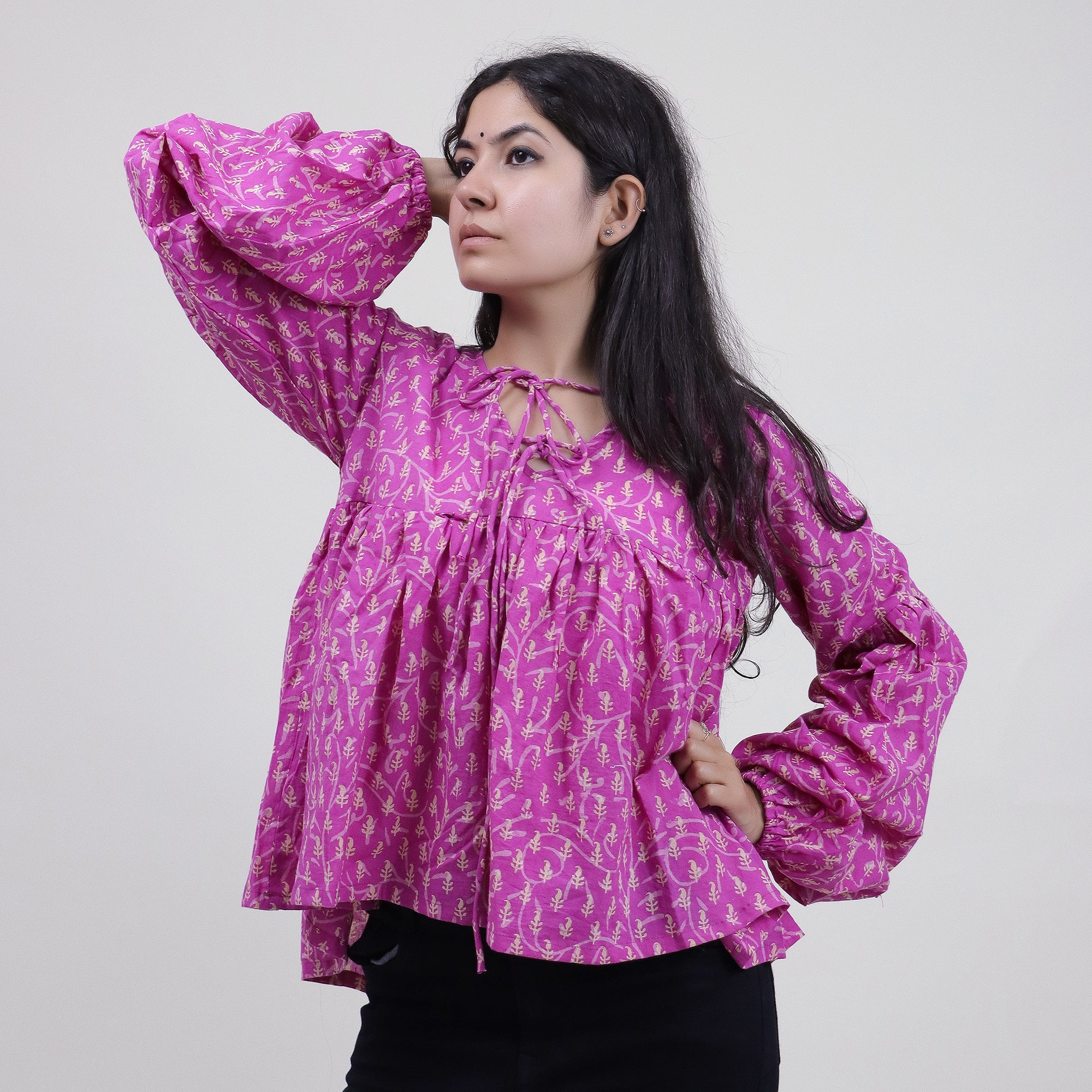 Dark Pink Leaf Print Hand Cotton Short Top for Girls