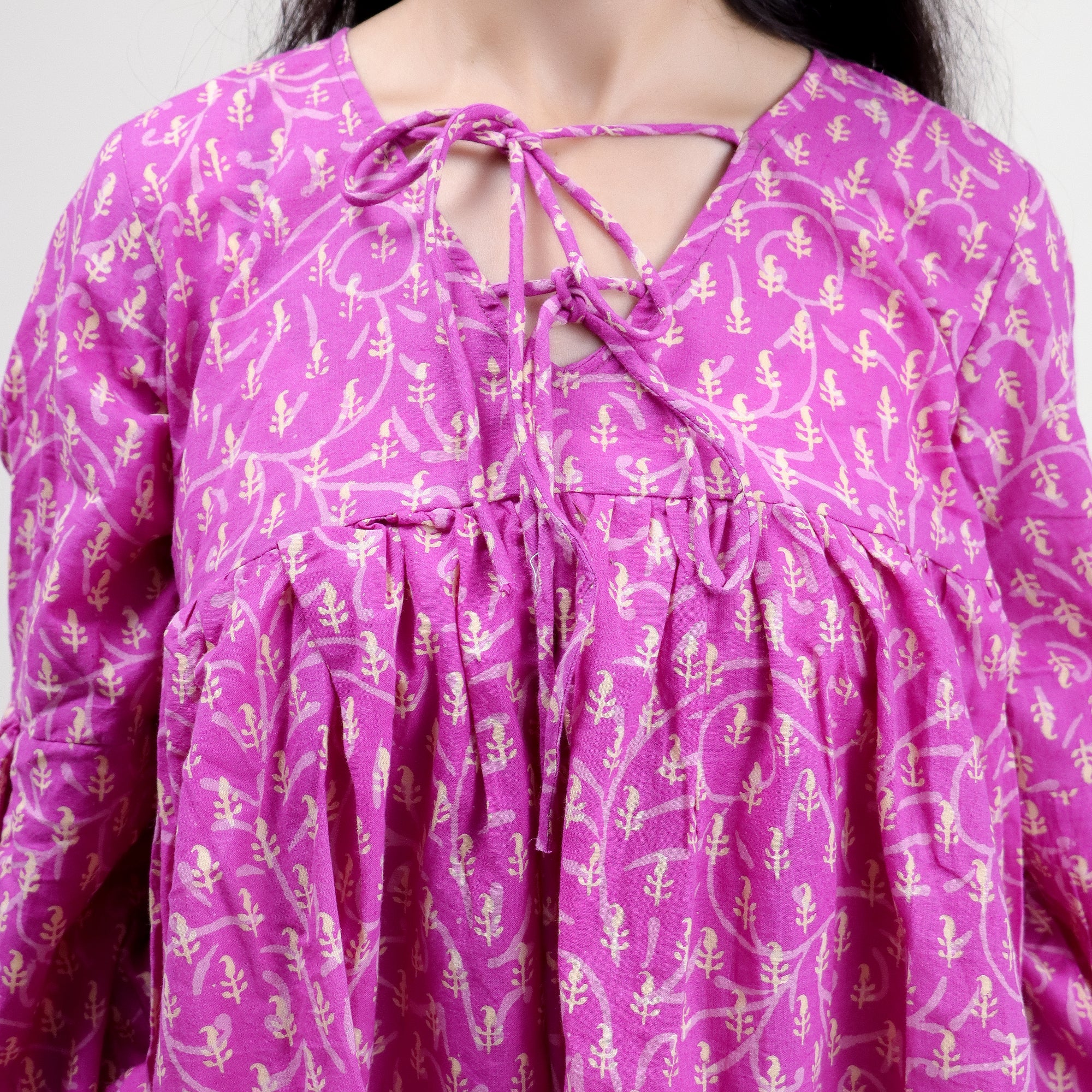 Dark Pink Leaf Print Hand Cotton Short Top for Girls