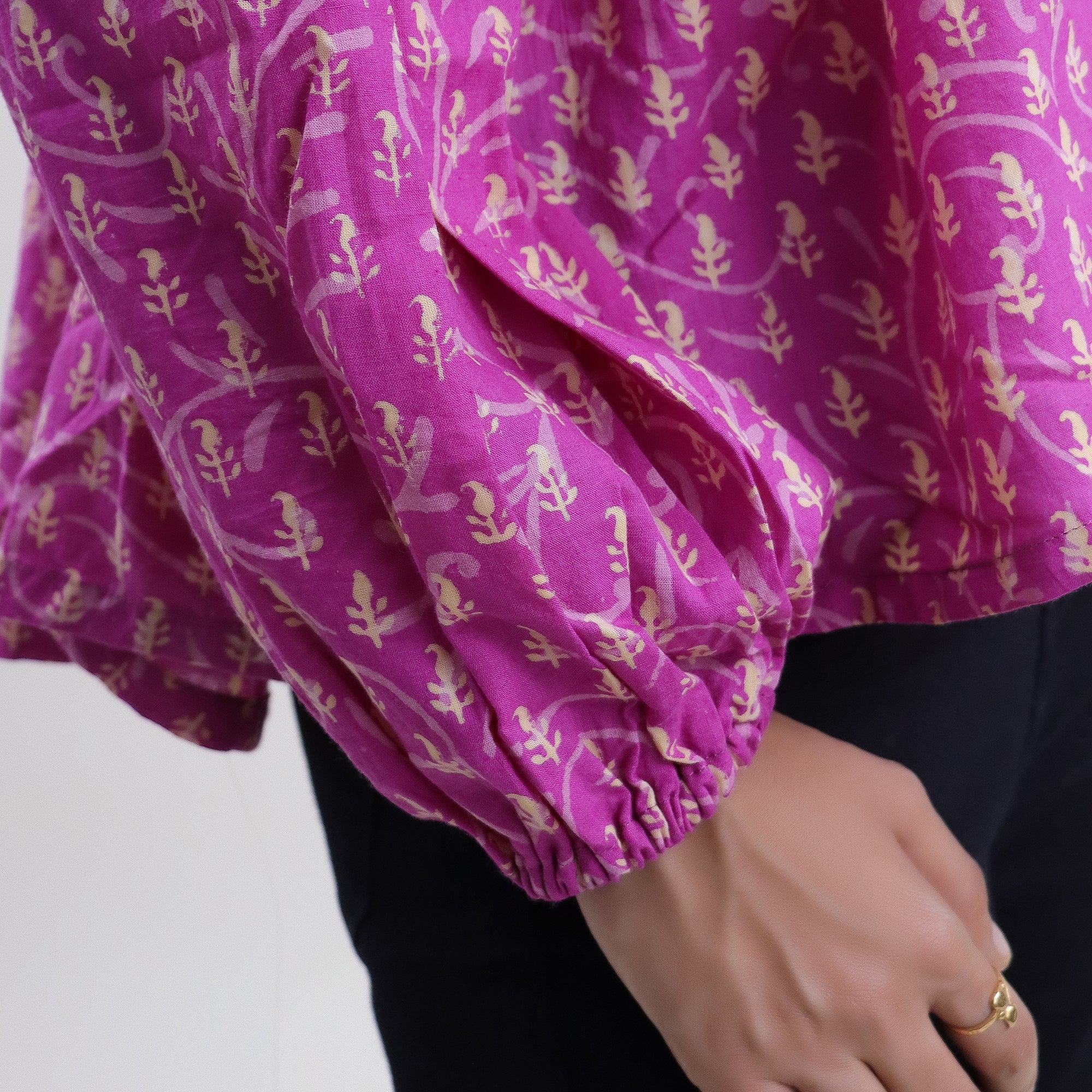 Dark Pink Leaf Print Hand Cotton Short Top for Girls