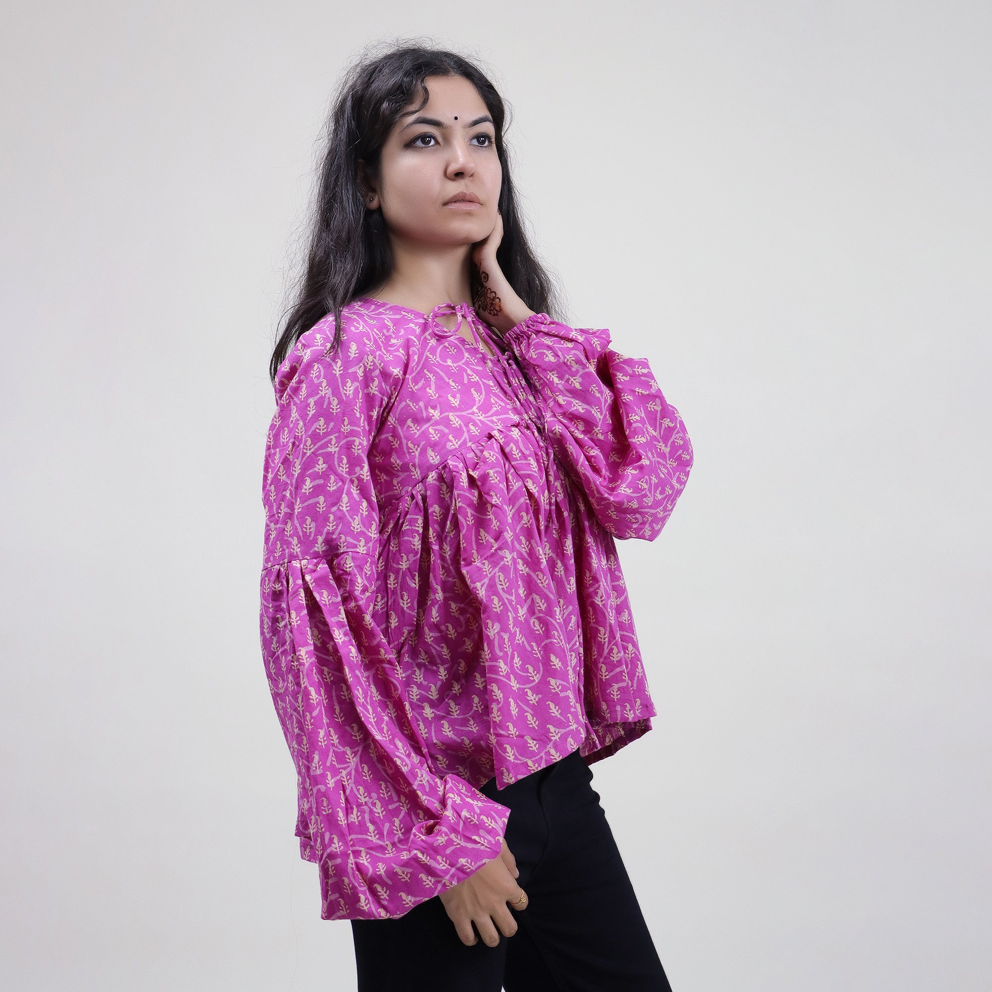 Dark Pink Leaf Print Hand Cotton Short Top for Girls