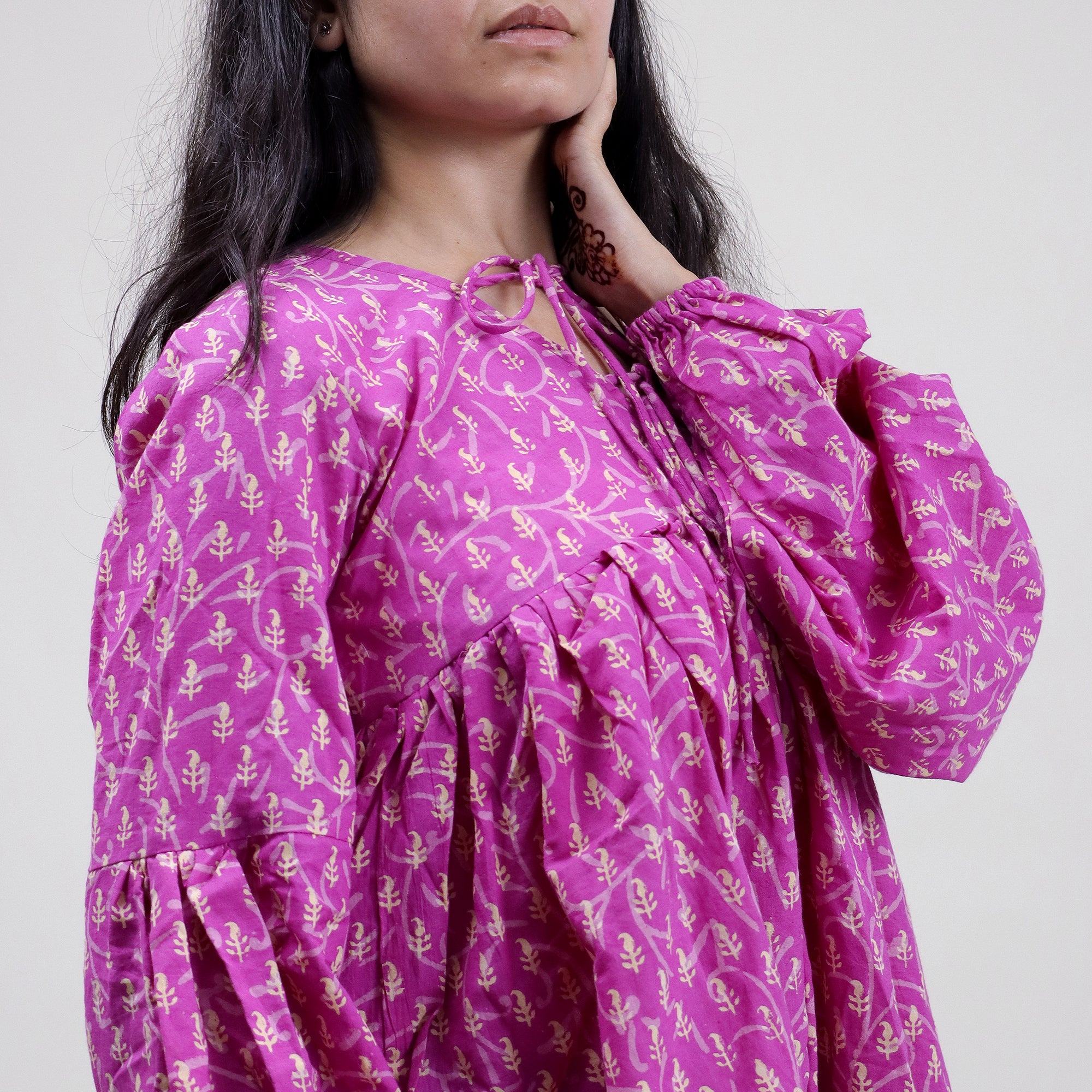 Dark Pink Leaf Print Hand Cotton Short Top for Girls