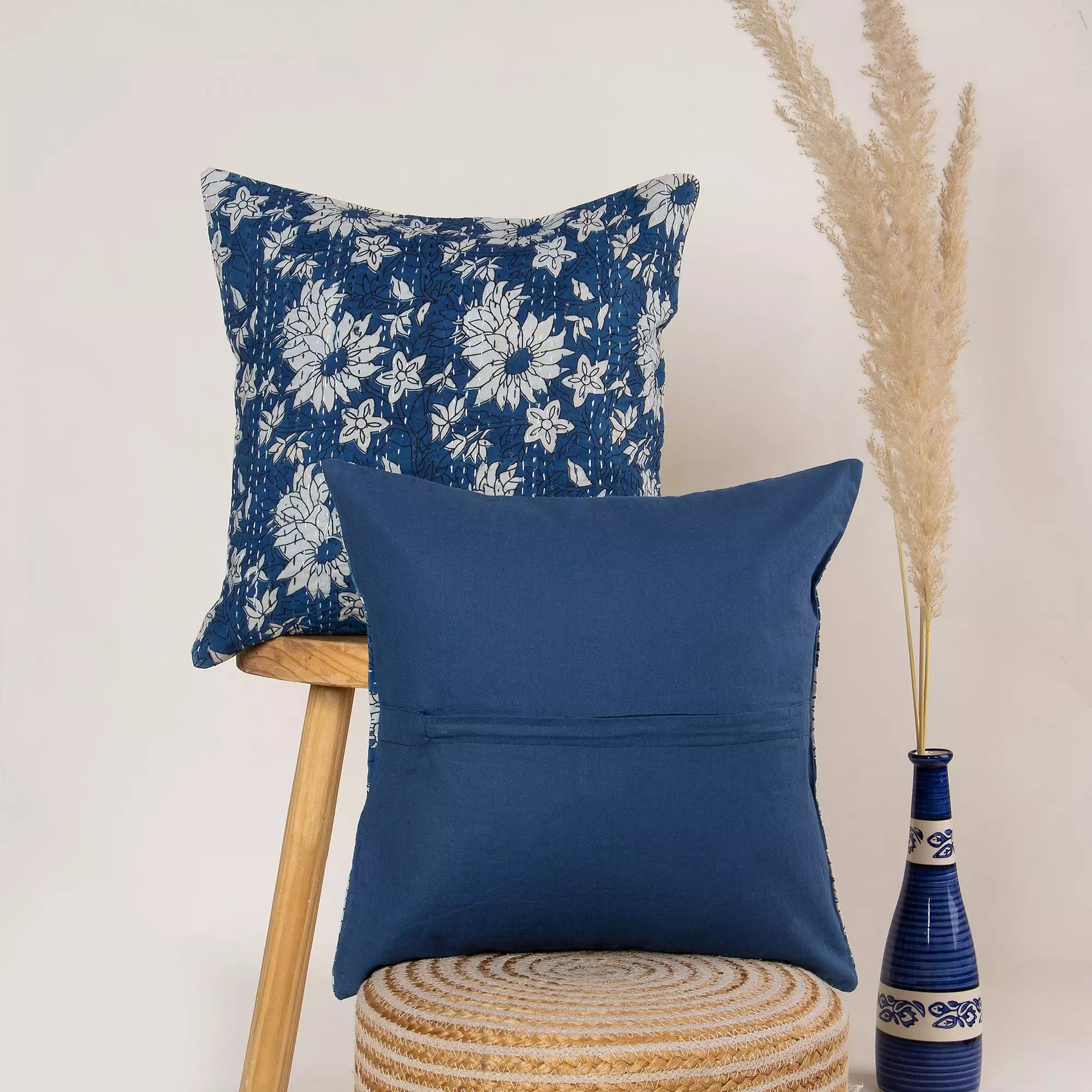 Decorative Blue Floral Quilted Kantha Cushion Cover