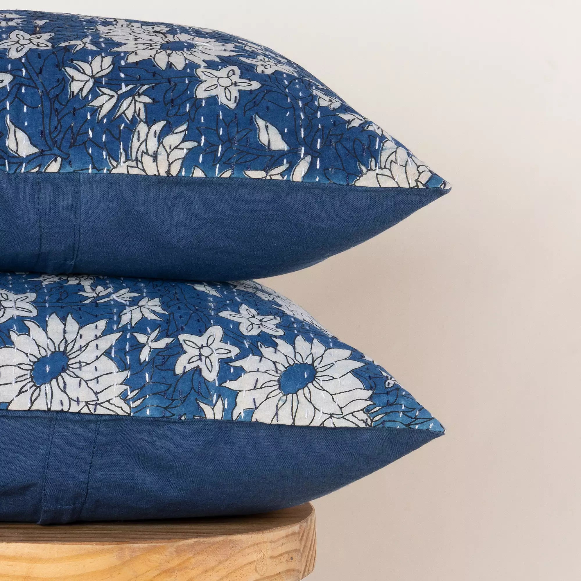 Decorative Blue Floral Quilted Kantha Cushion Cover