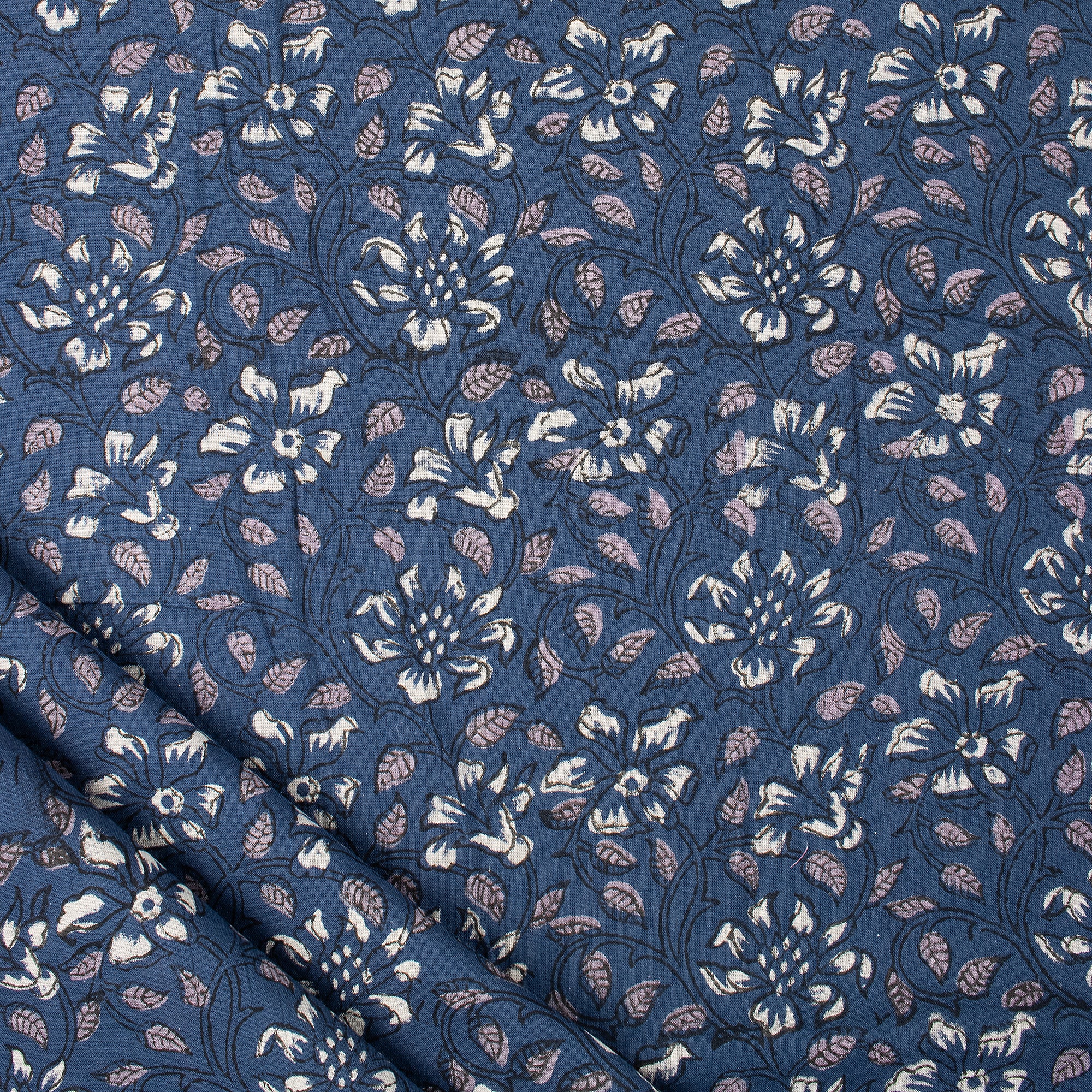 Discharge Hand Printed Blue Floral Cotton Fabric
