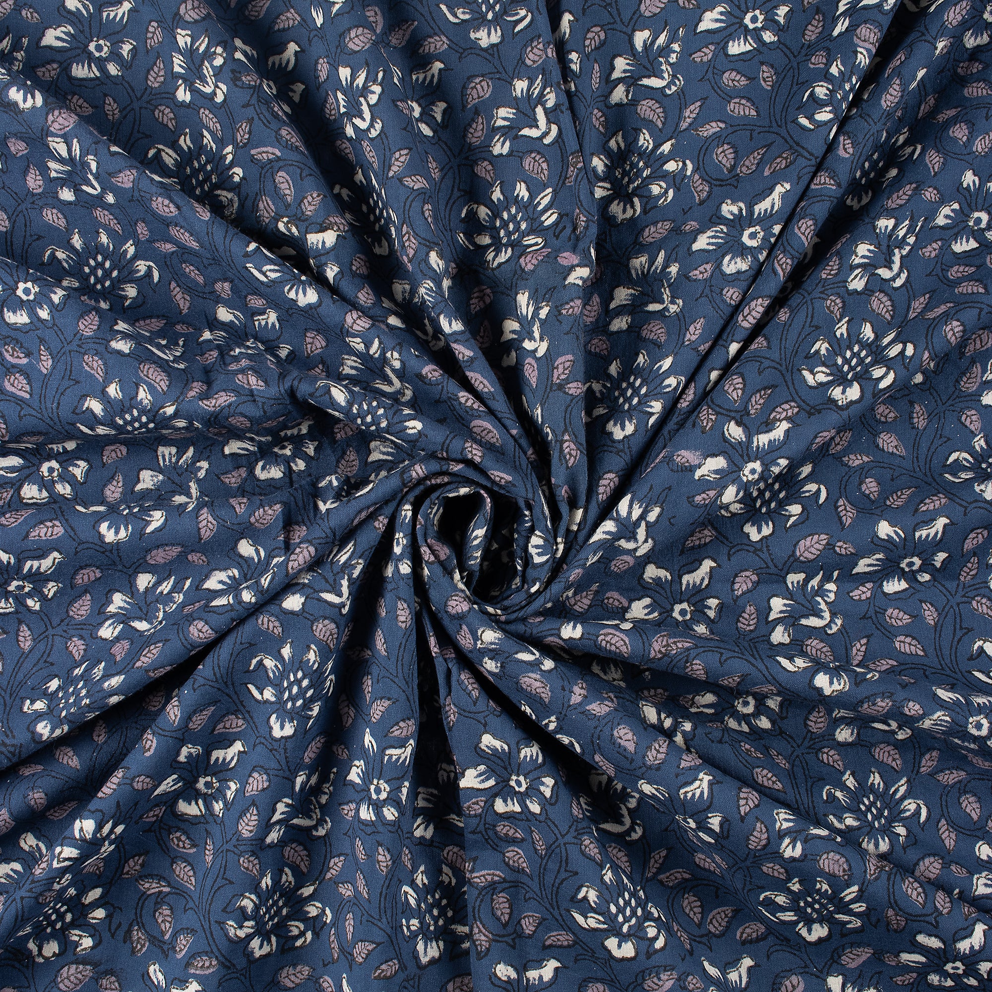 Discharge Hand Printed Blue Floral Cotton Fabric