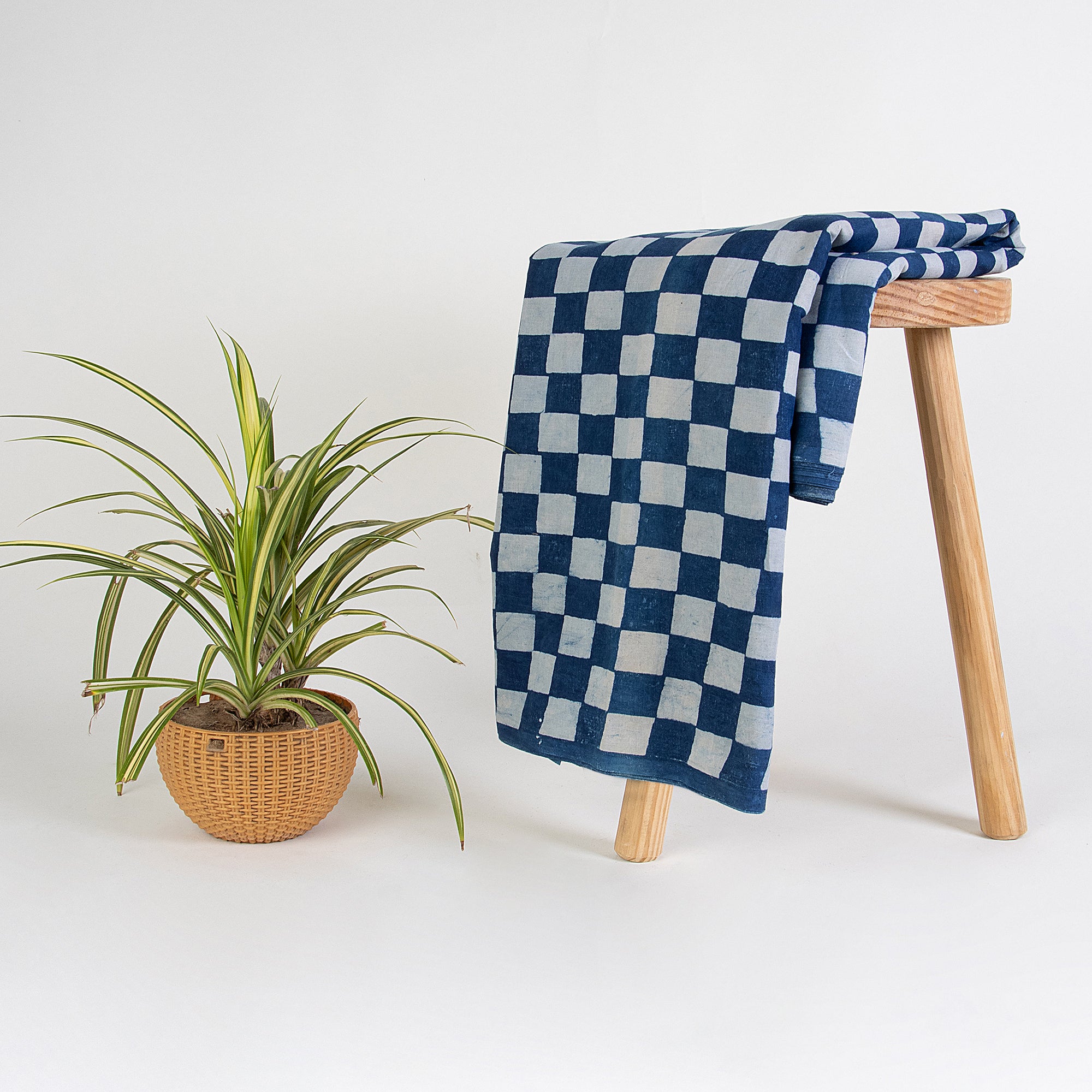 Eco-Friendly Check Printed Indigo Cotton Material Fabric