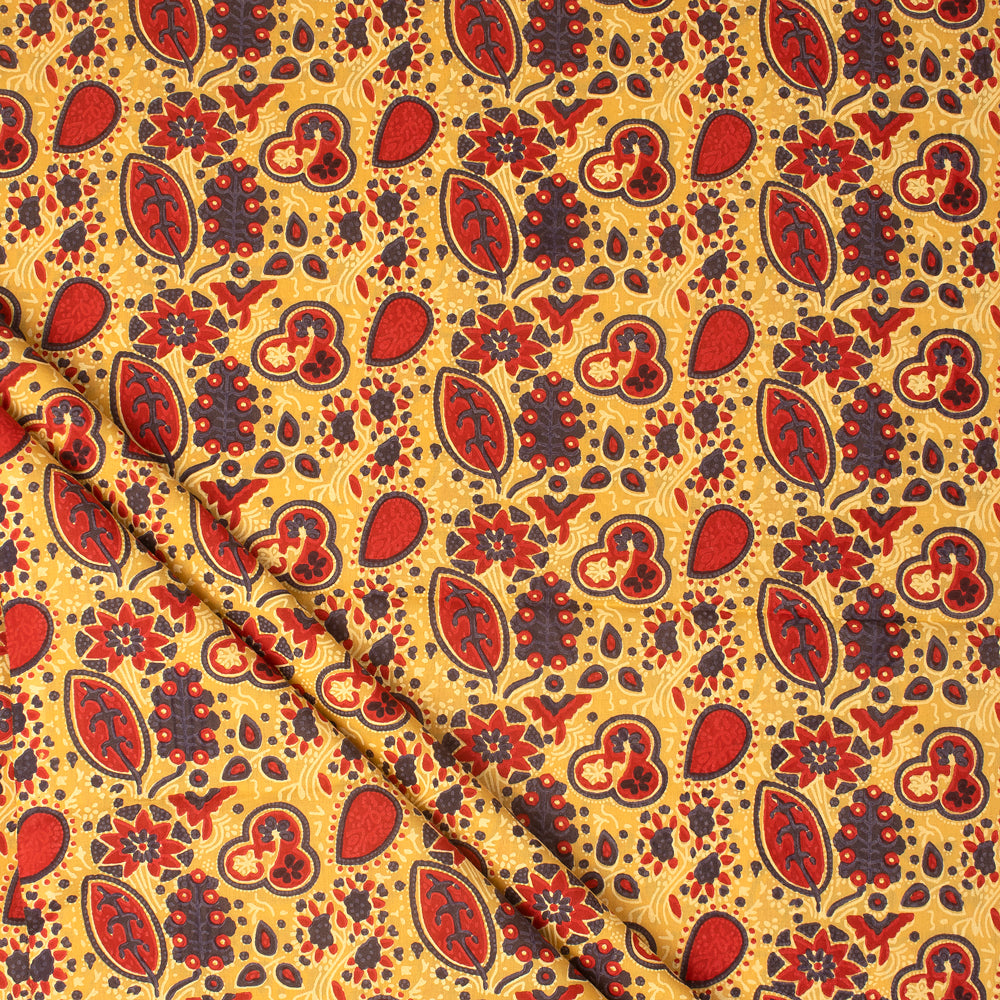 Eco Frendly Yellow Leaf Hand Block Print Cotton Fabric