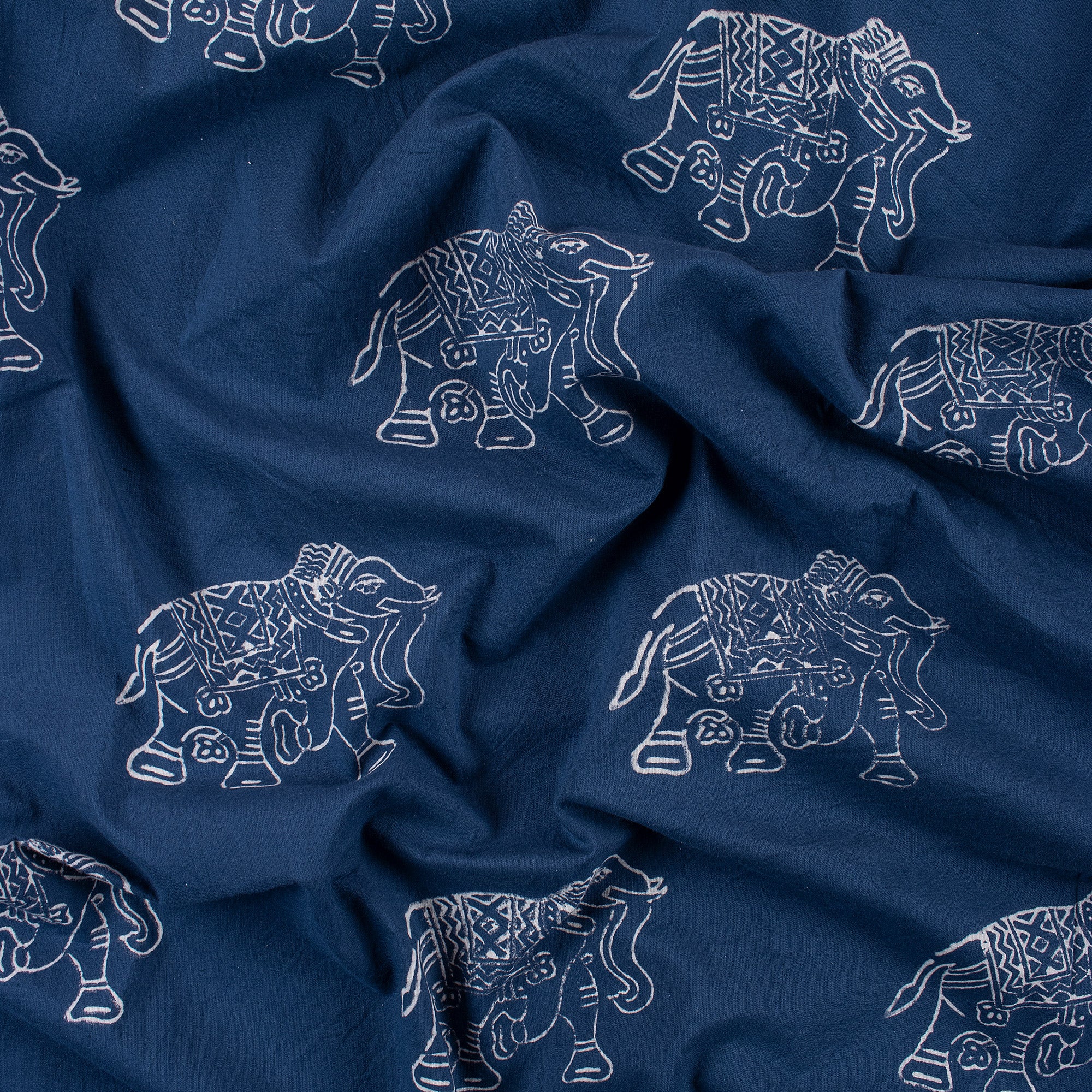 Elephant Printed Indigo Material Fabric 100% Cotton