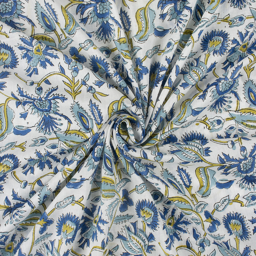 Exclusive Blue Floral Hand Block Print Fabric By The Yard
