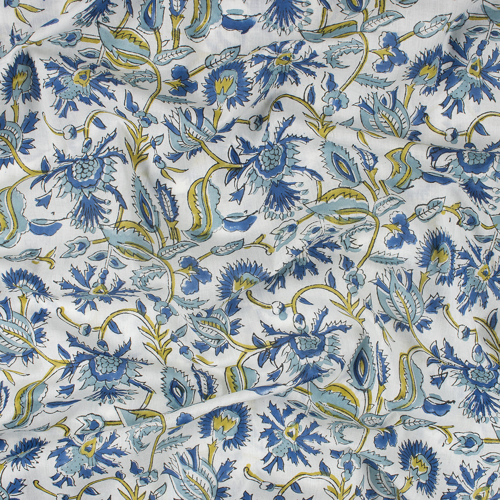Exclusive Blue Floral Hand Block Print Fabric By The Yard