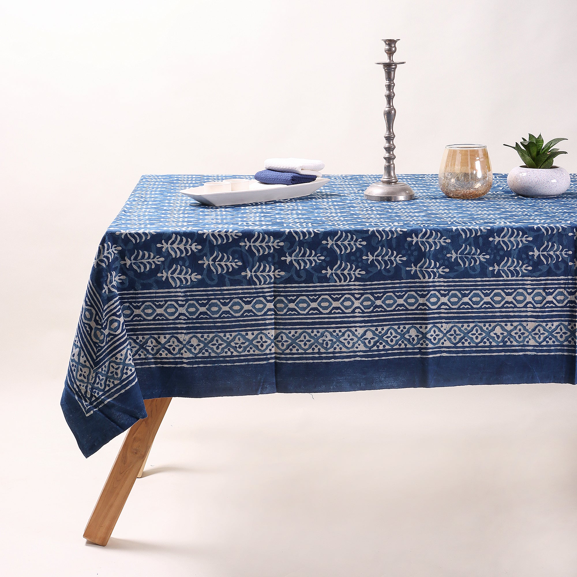 Exclusive Blue Leaf Hand Block Printed Cotton Tablecloth