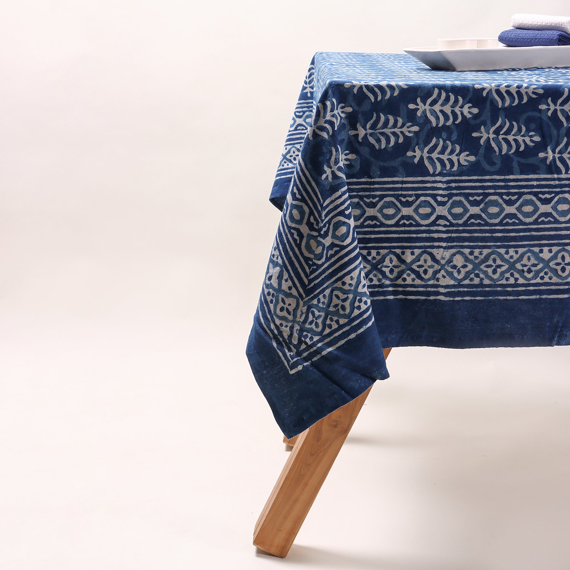 Exclusive Blue Leaf Hand Block Printed Cotton Tablecloth