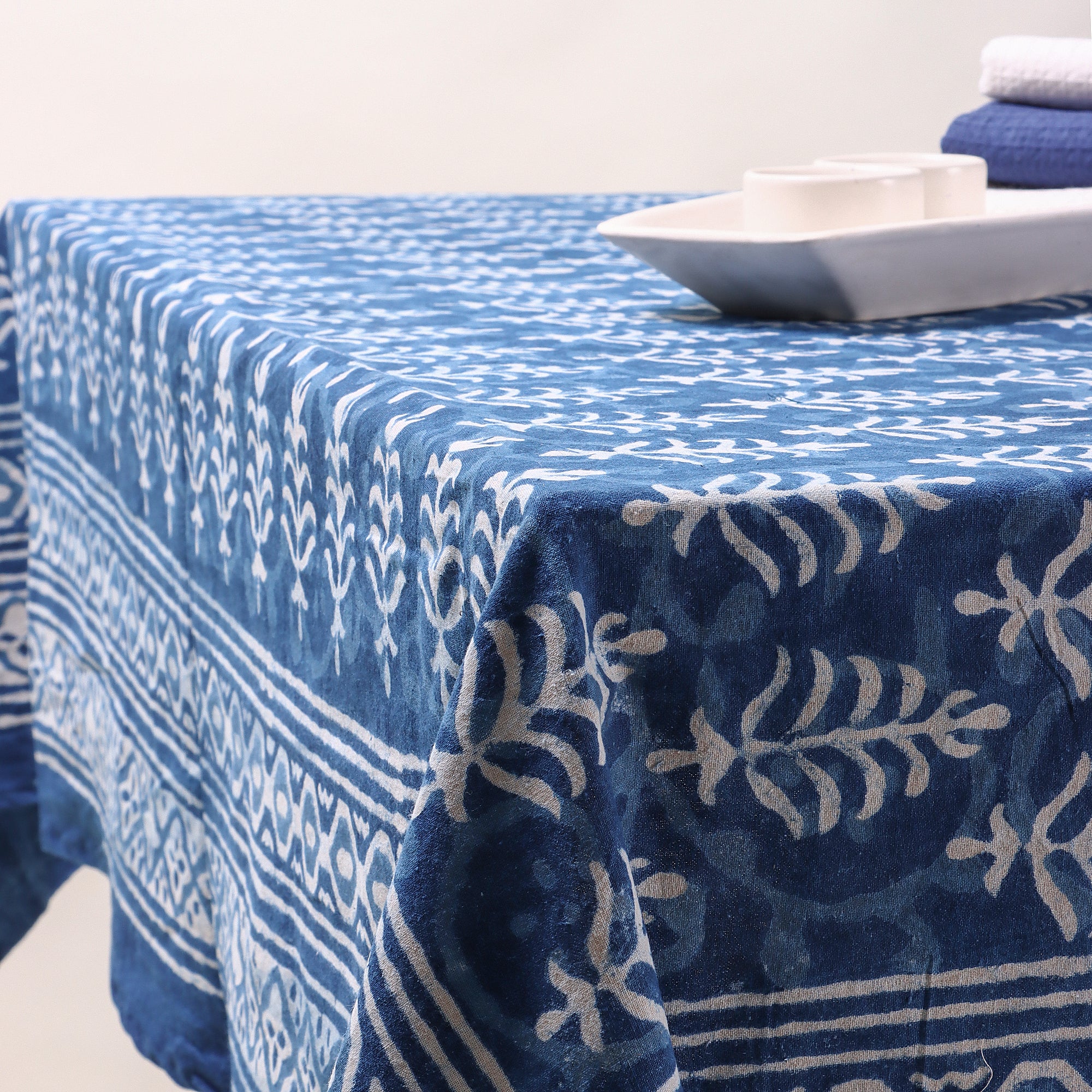 Exclusive Blue Leaf Hand Block Printed Cotton Tablecloth