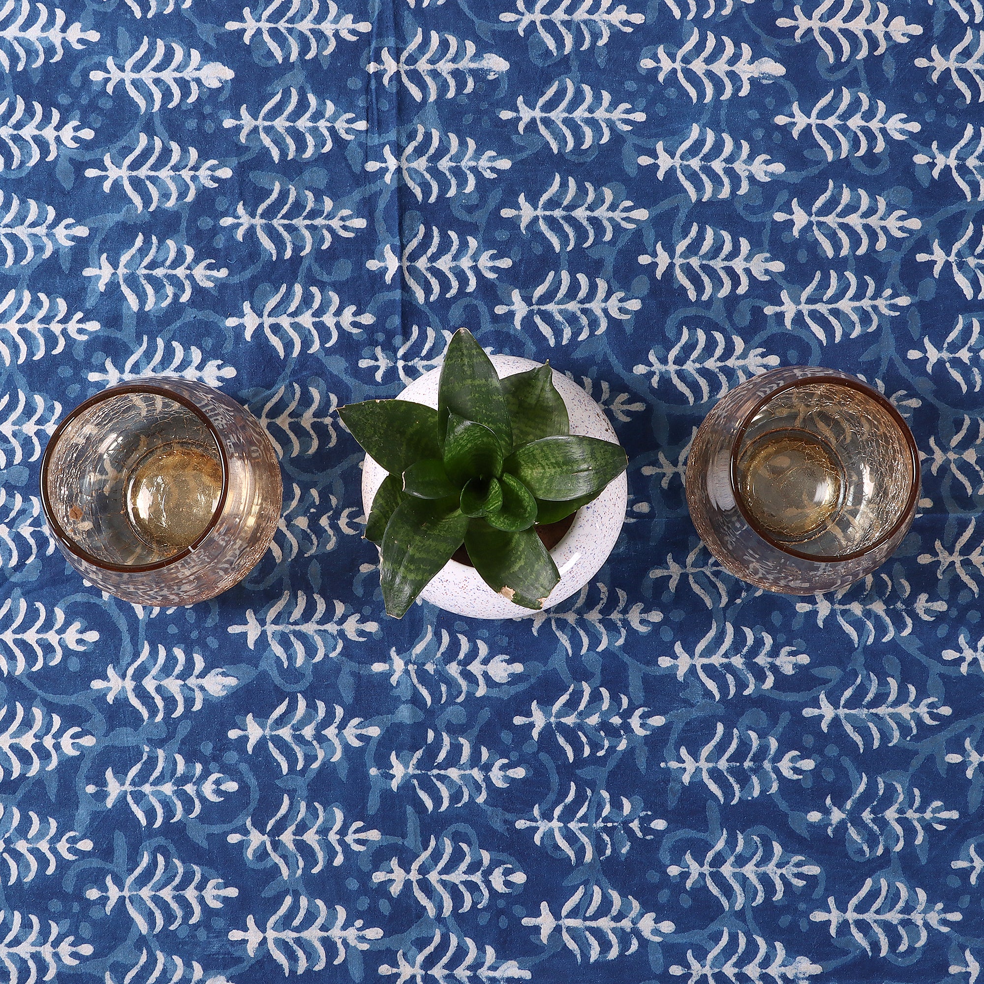 Exclusive Blue Leaf Hand Block Printed Cotton Tablecloth
