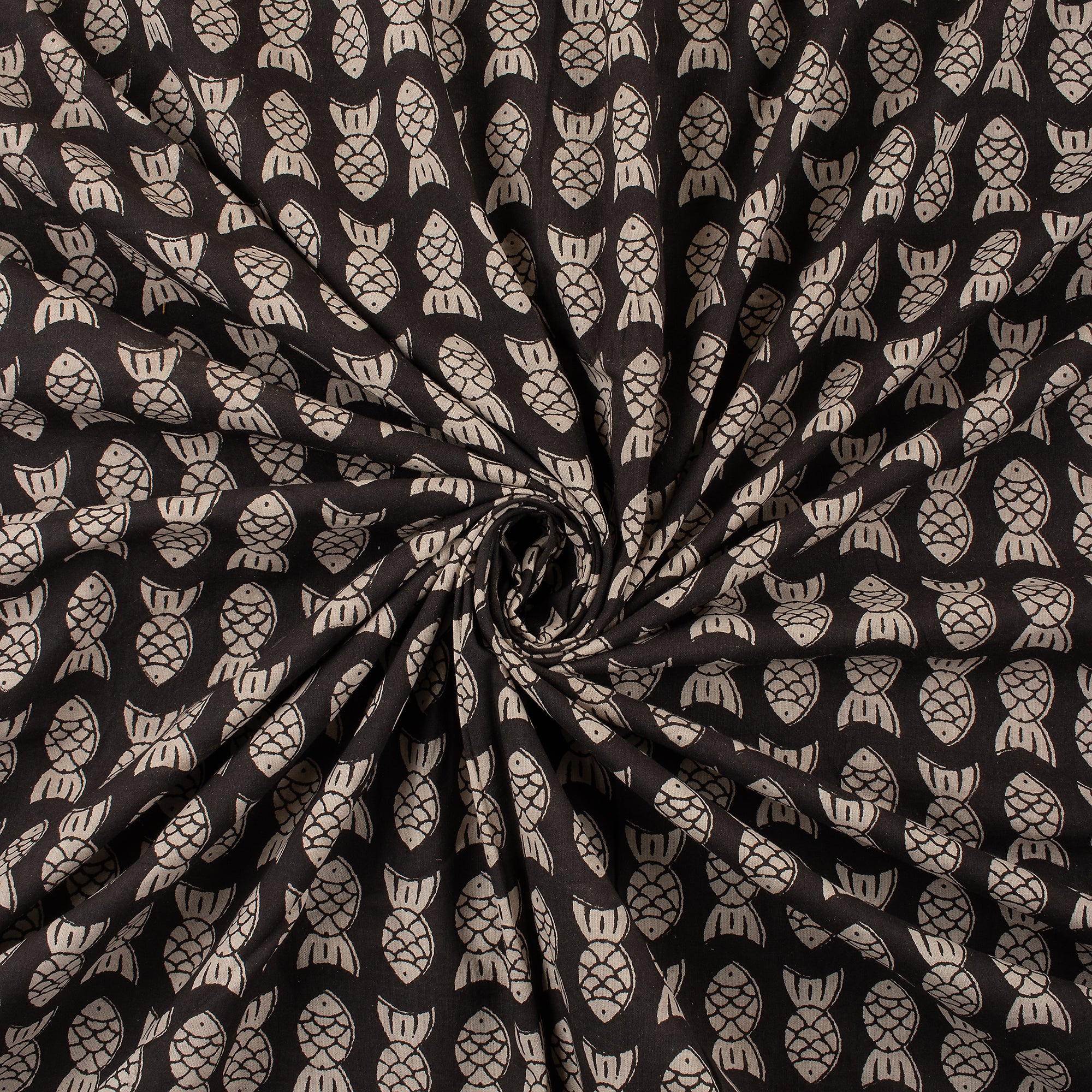 Fish Hand Block Printed Cotton Bagru Fabric