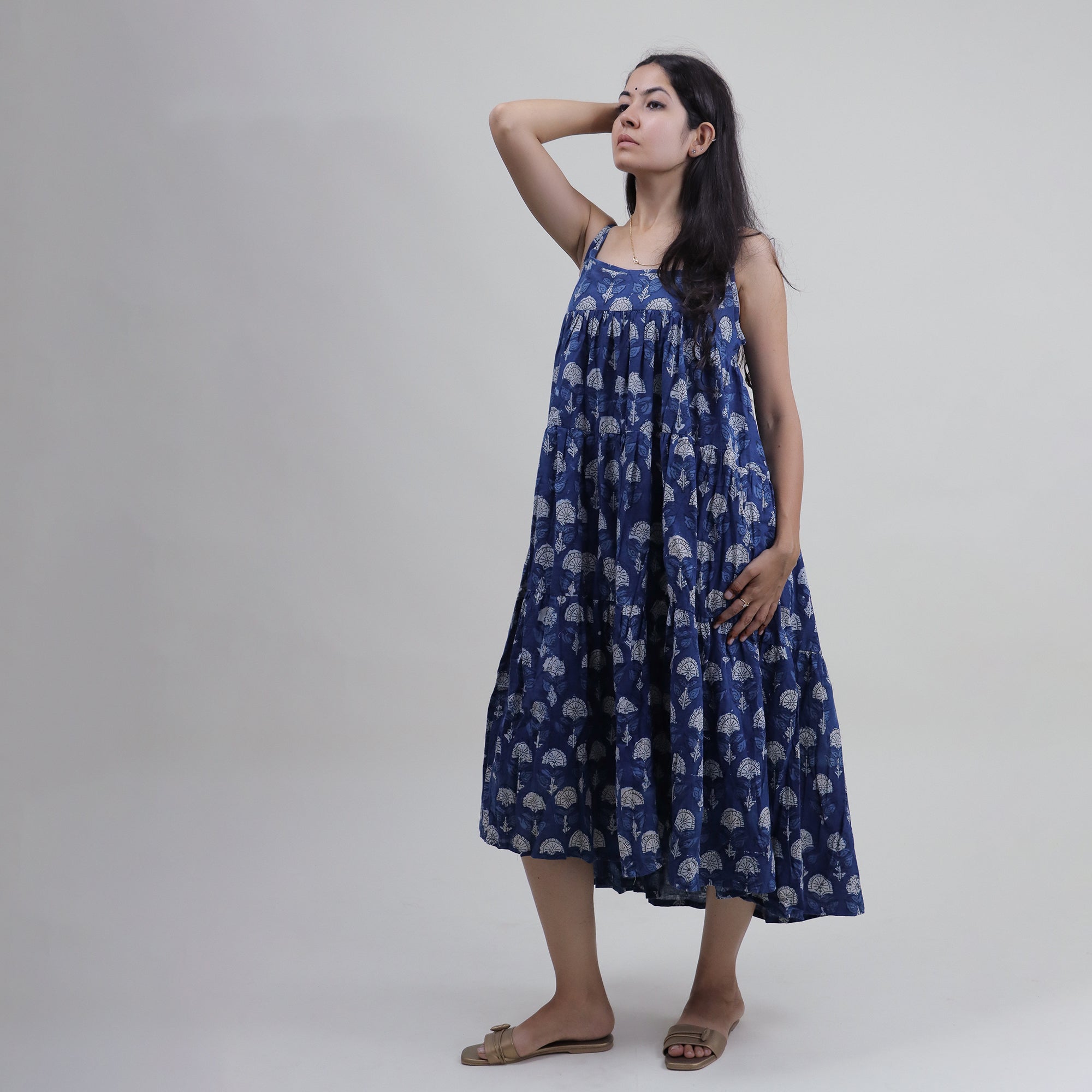Floral Block Printed Cotton Stylish Midi Dress