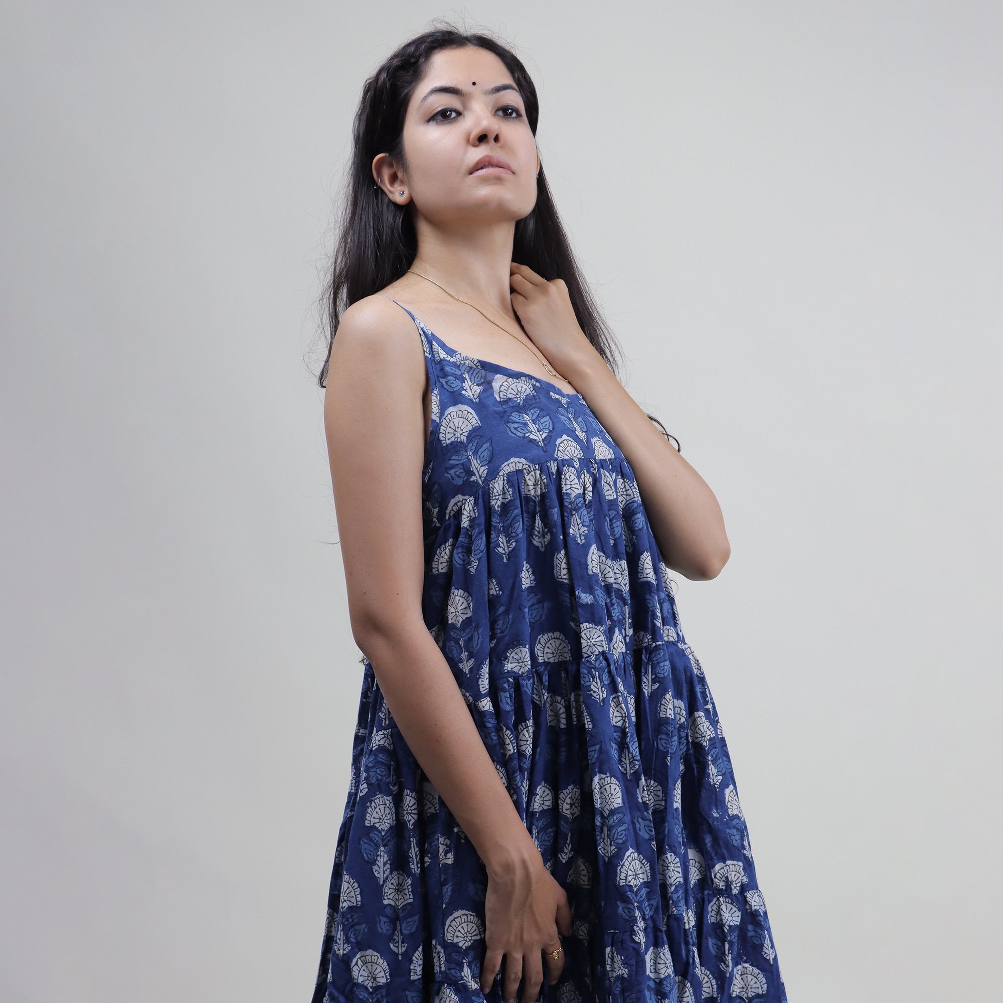 Floral Block Printed Cotton Stylish Midi Dress