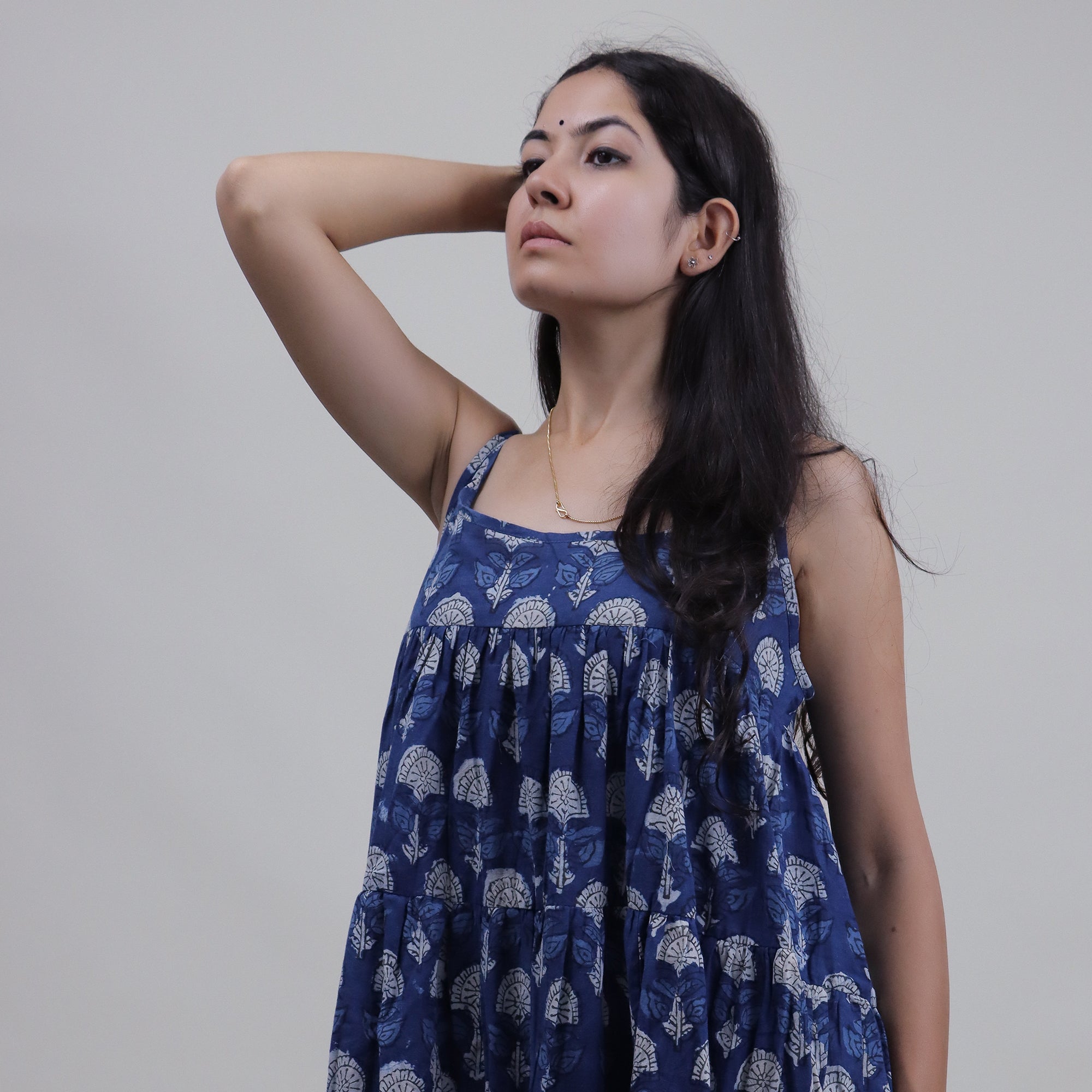 Floral Block Printed Cotton Stylish Midi Dress