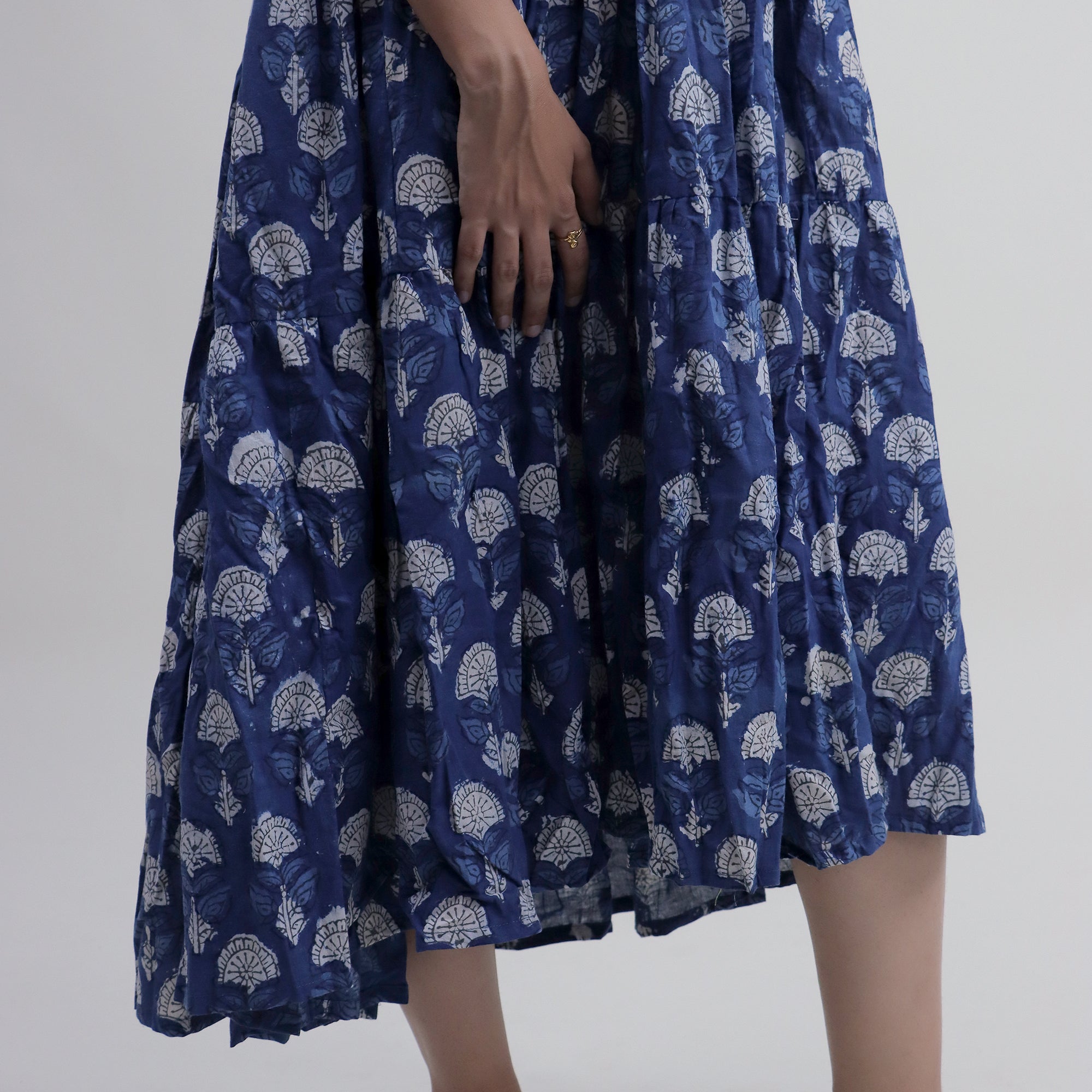 Floral Block Printed Cotton Stylish Midi Dress