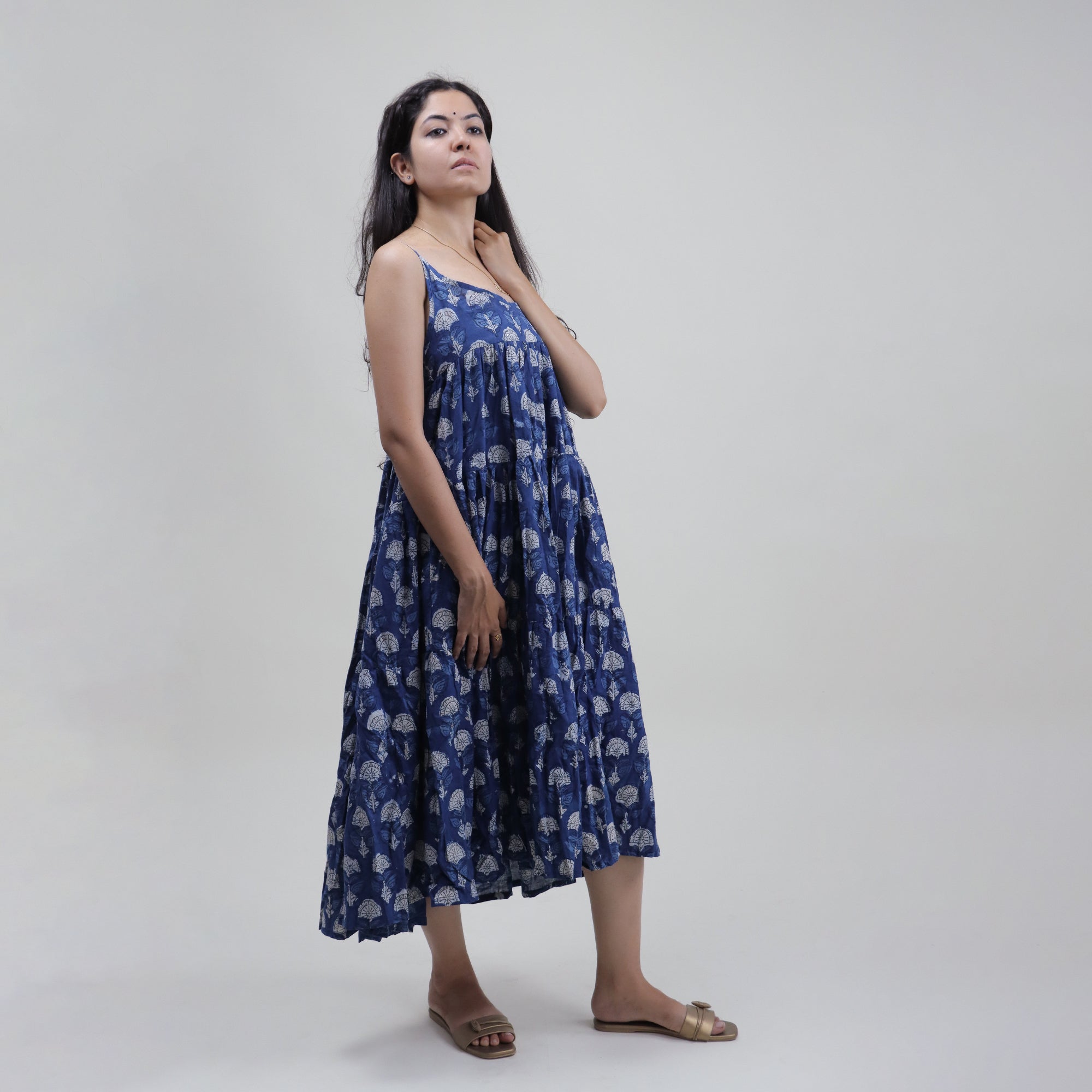 Floral Block Printed Cotton Stylish Midi Dress