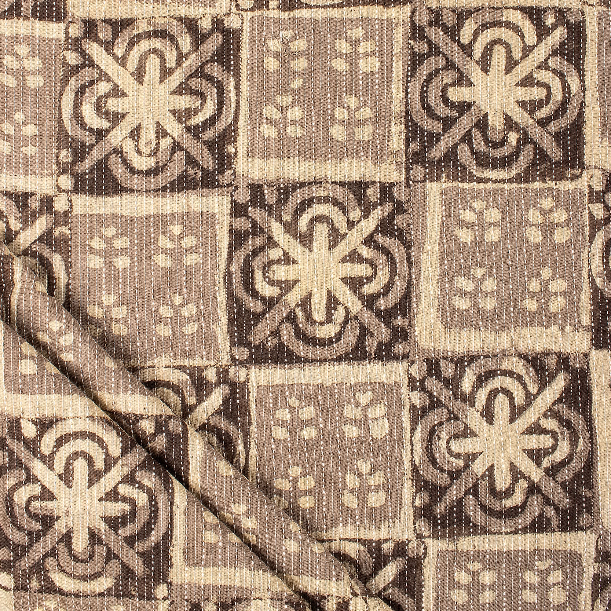 Floral Dabu Hand Block Print Cotton Kantha Fabric