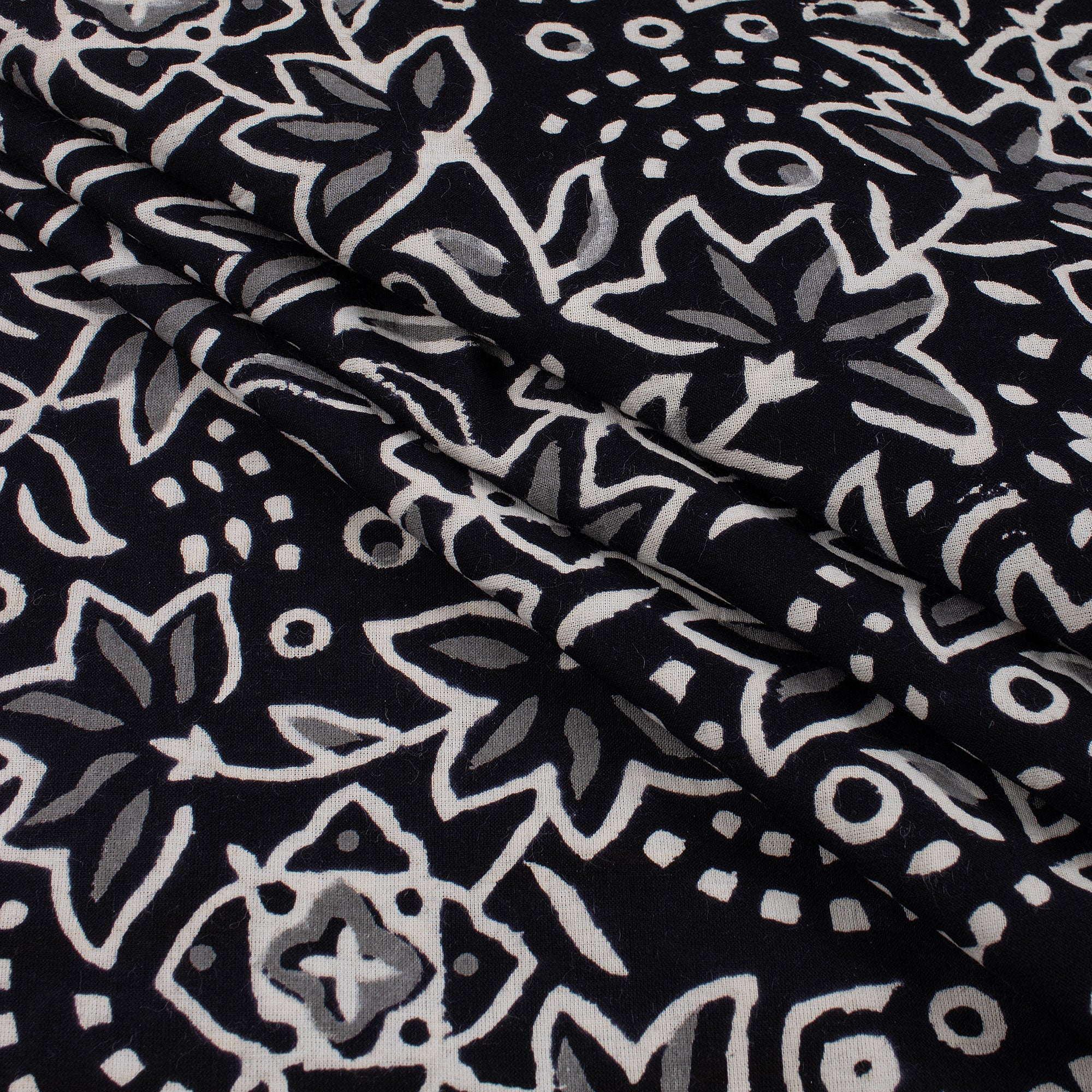 Floral Hand Block Printed Black and White Fabric by the Yard