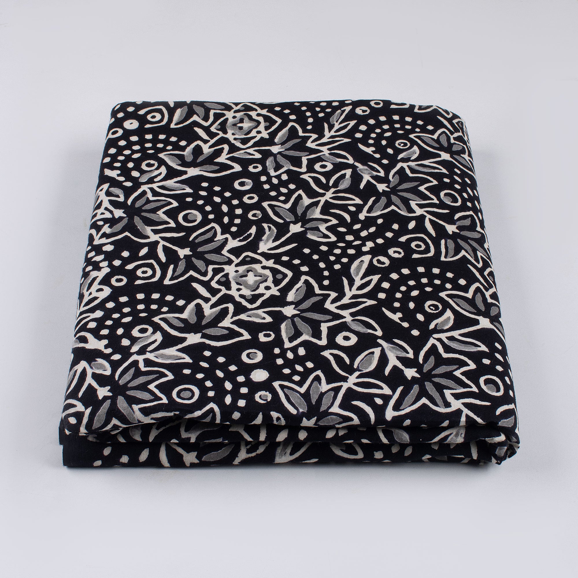 Floral Hand Block Printed Black and White Fabric by the Yard