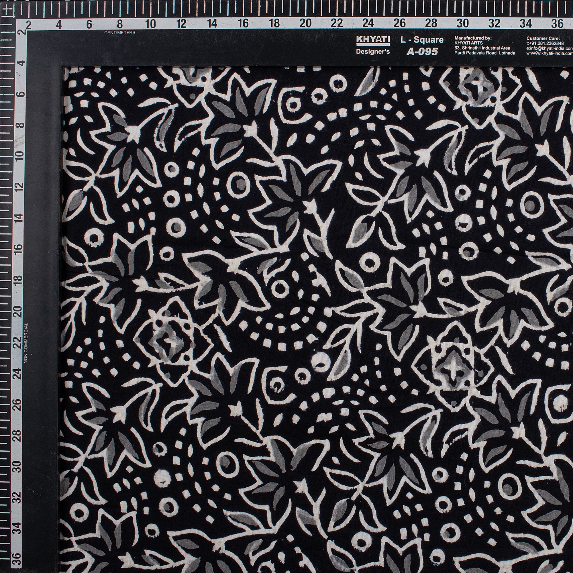 Floral Hand Block Printed Black and White Fabric by the Yard