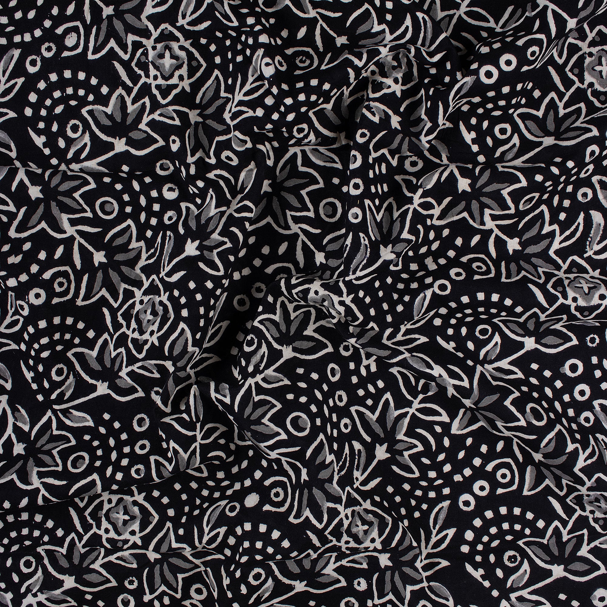 Floral Hand Block Printed Black and White Fabric by the Yard