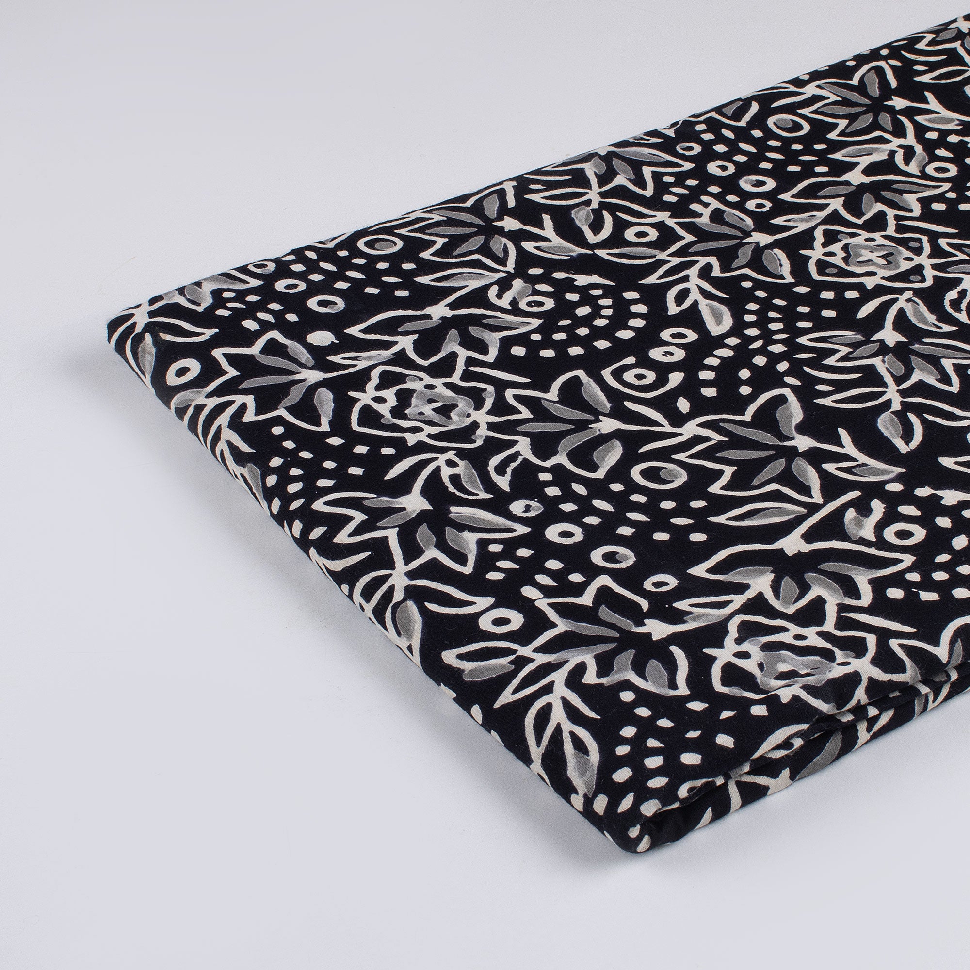 Floral Hand Block Printed Black and White Fabric by the Yard