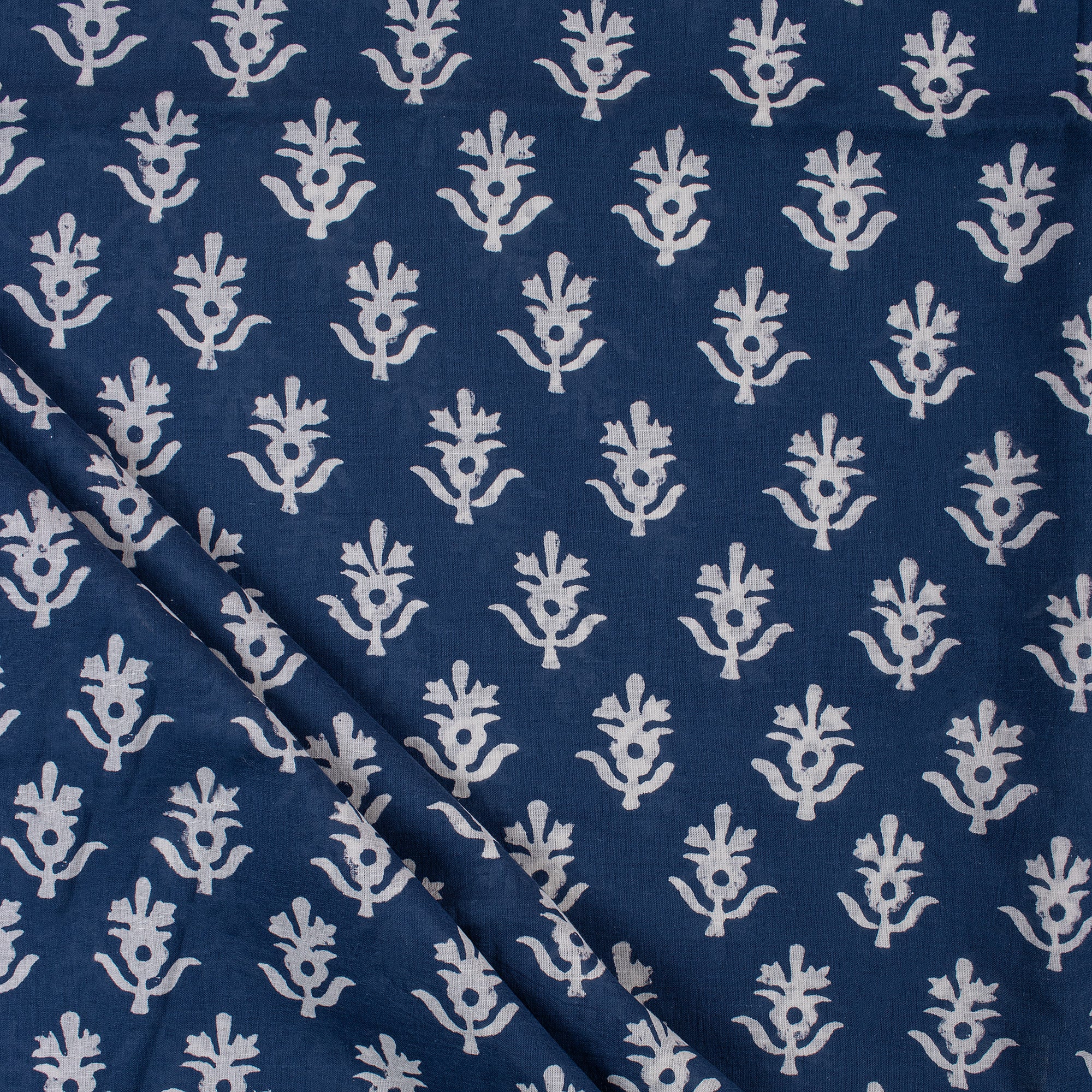 Floral Hand Block Printed Indigo Blue 100% Cotton Fabric