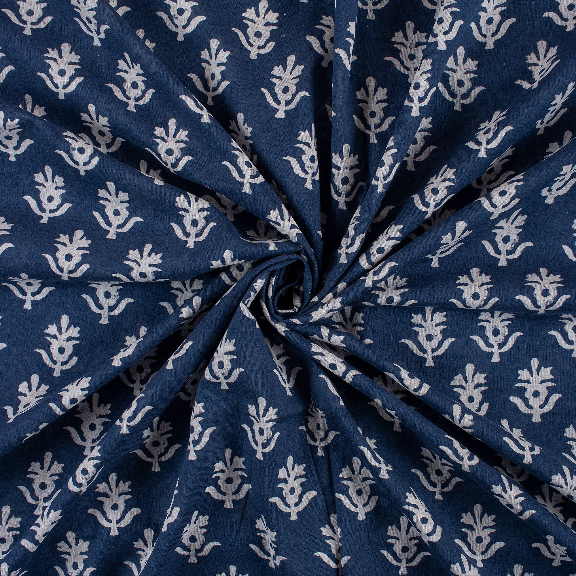 Floral Hand Block Printed Indigo Blue 100% Cotton Fabric