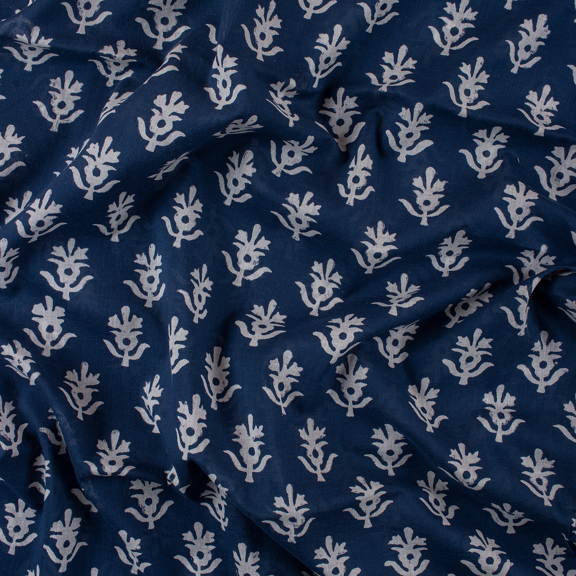 Floral Hand Block Printed Indigo Blue 100% Cotton Fabric