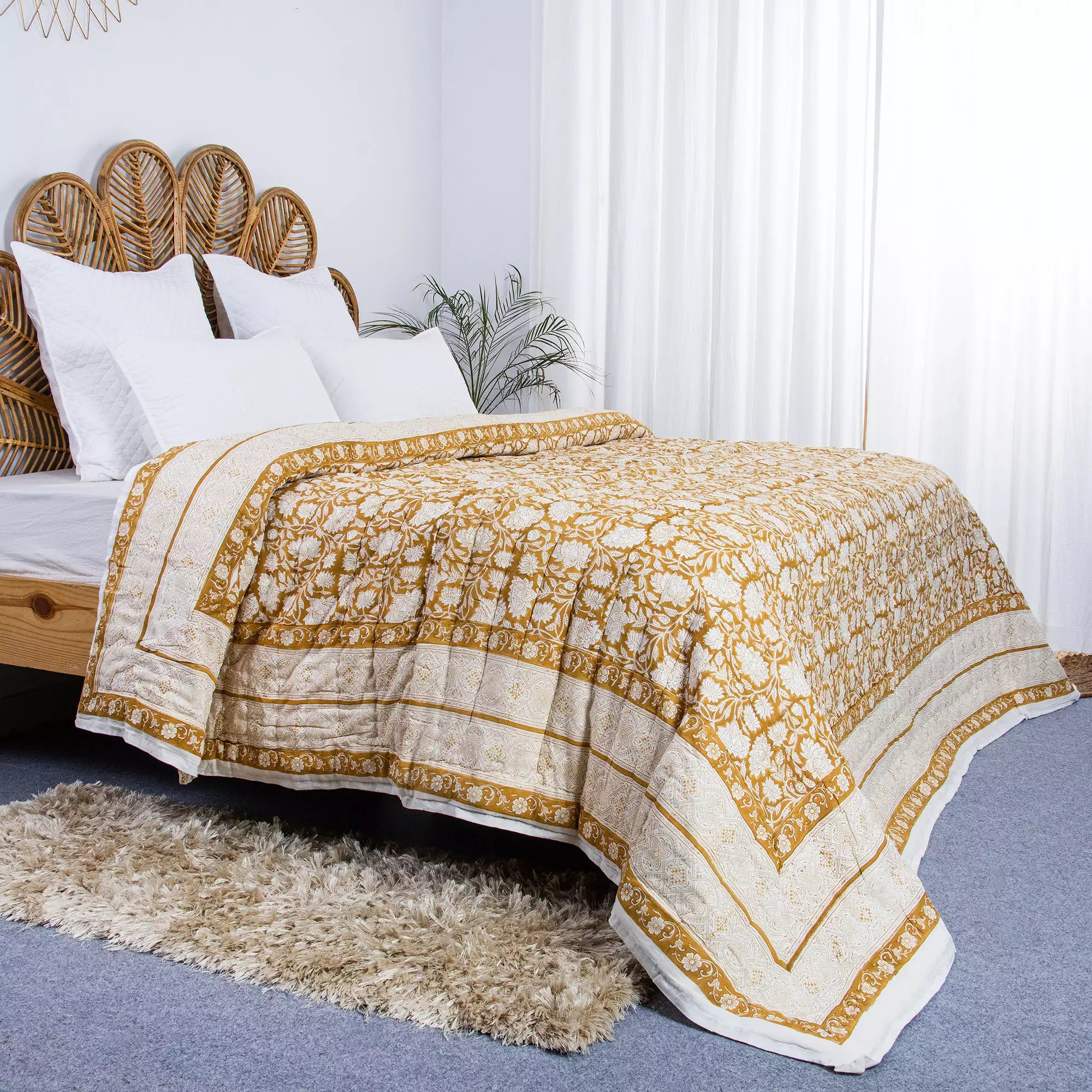 Floral Hand Block Printed Reversible Jaipuri Cotton Quilt