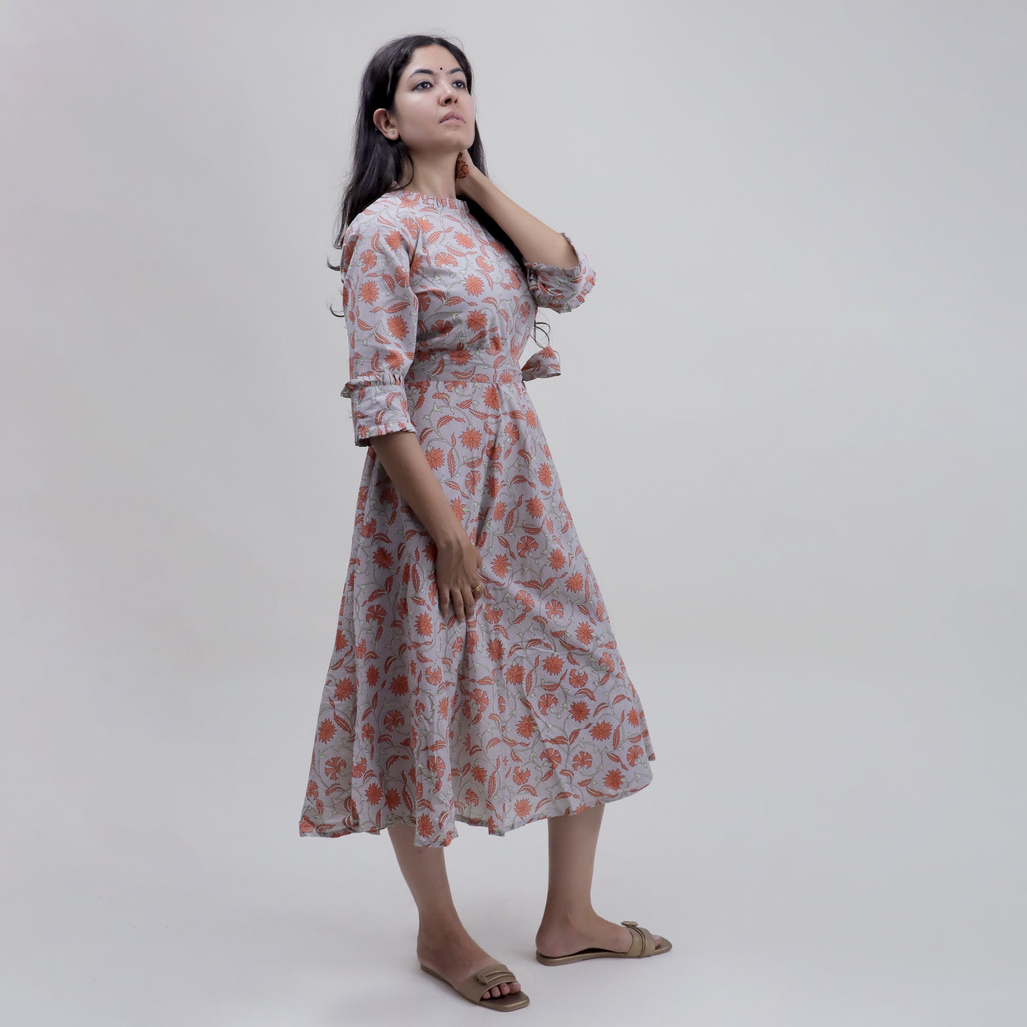 Floral Handmade Organic Cotton Gray Midi Dress with Belt