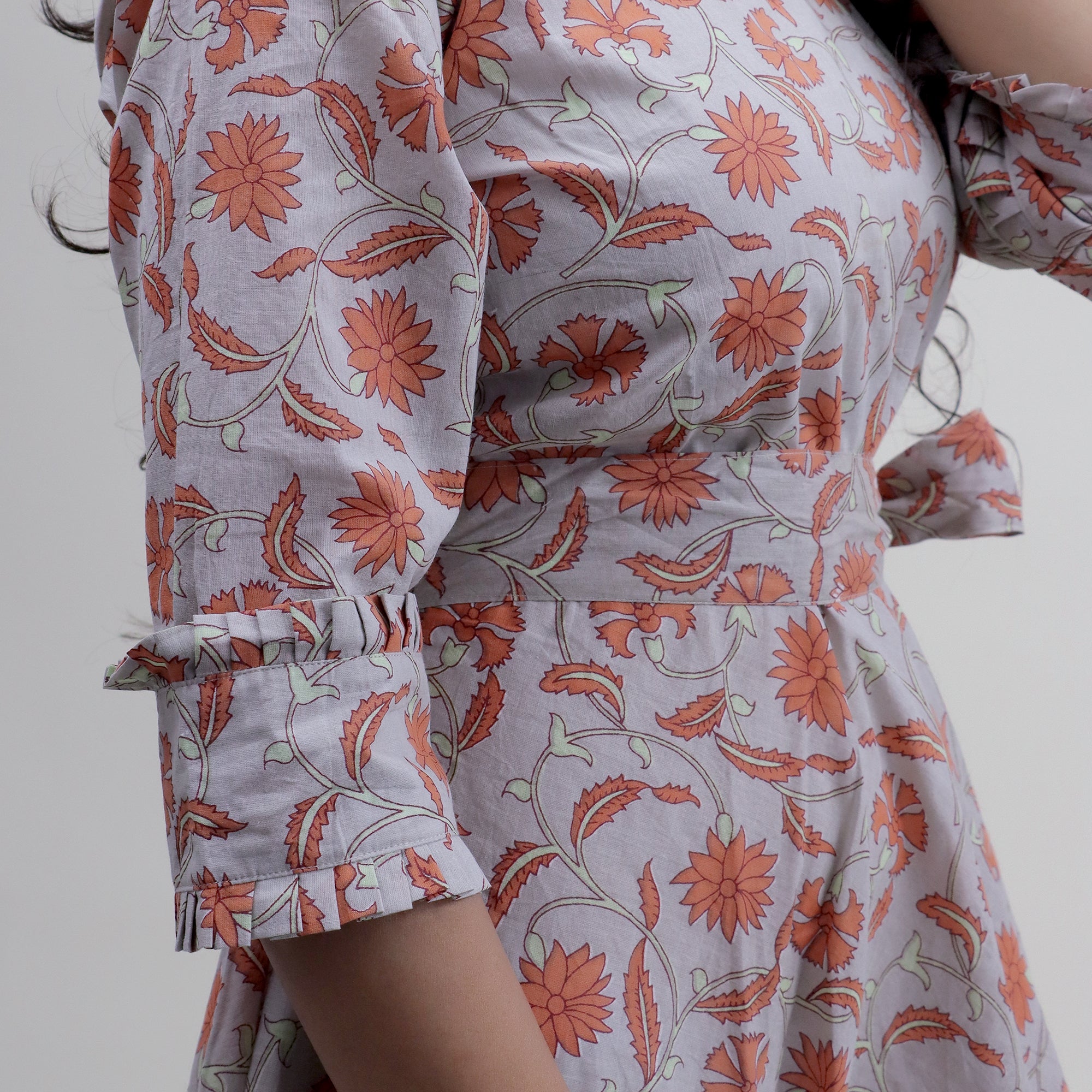 Floral Handmade Organic Cotton Gray Midi Dress with Belt