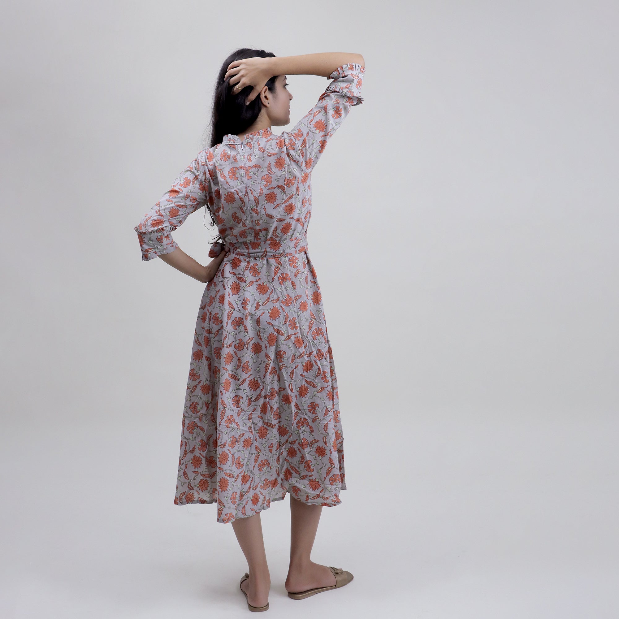 Floral Handmade Organic Cotton Gray Midi Dress with Belt