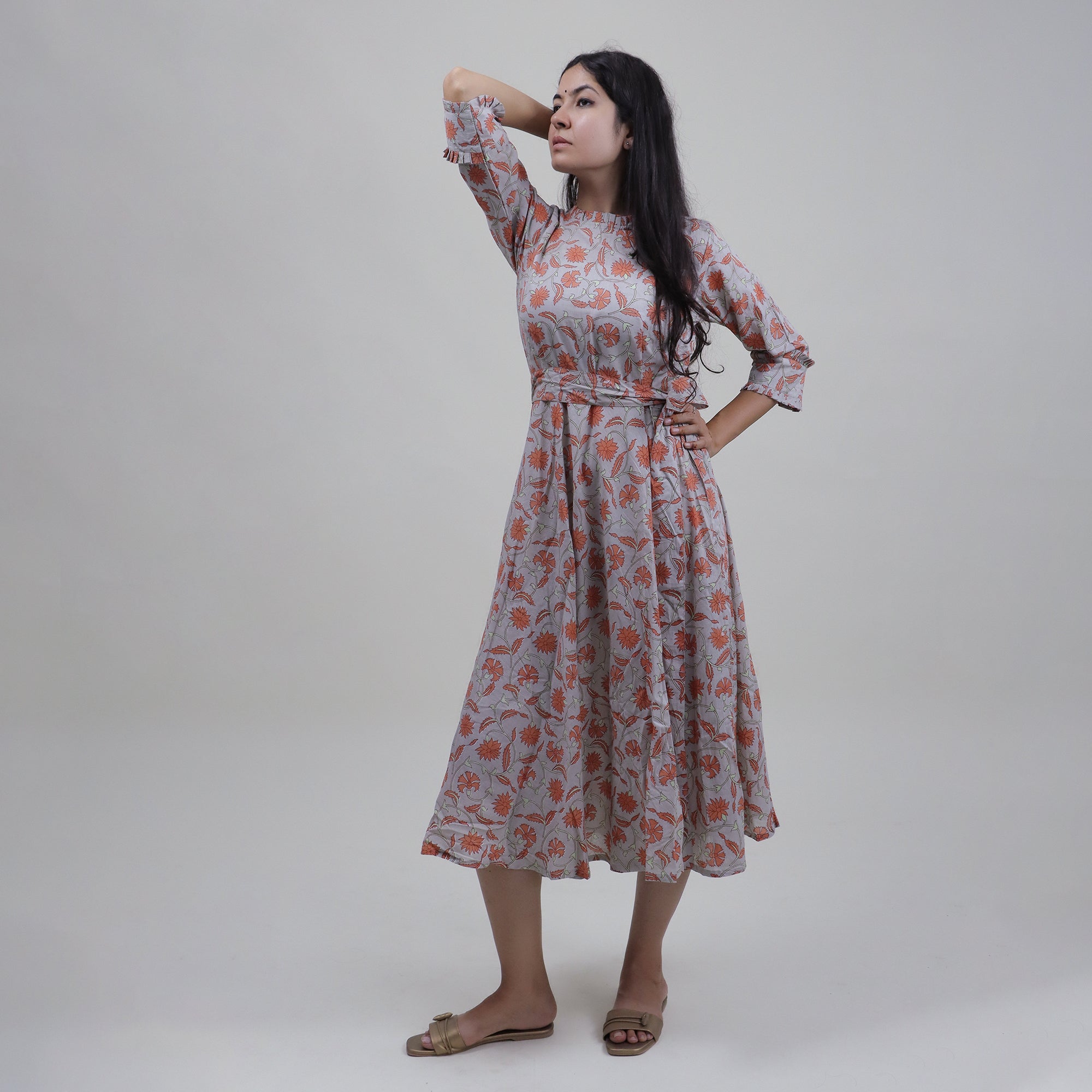Floral Handmade Organic Cotton Gray Midi Dress with Belt