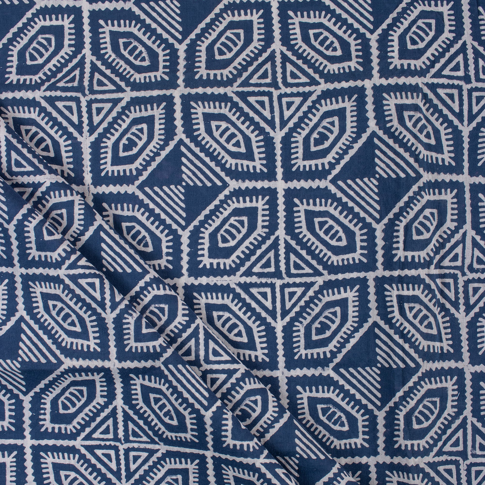 Geometrical Block Printed Indigo Blue Organic Natural Cotton Fabric