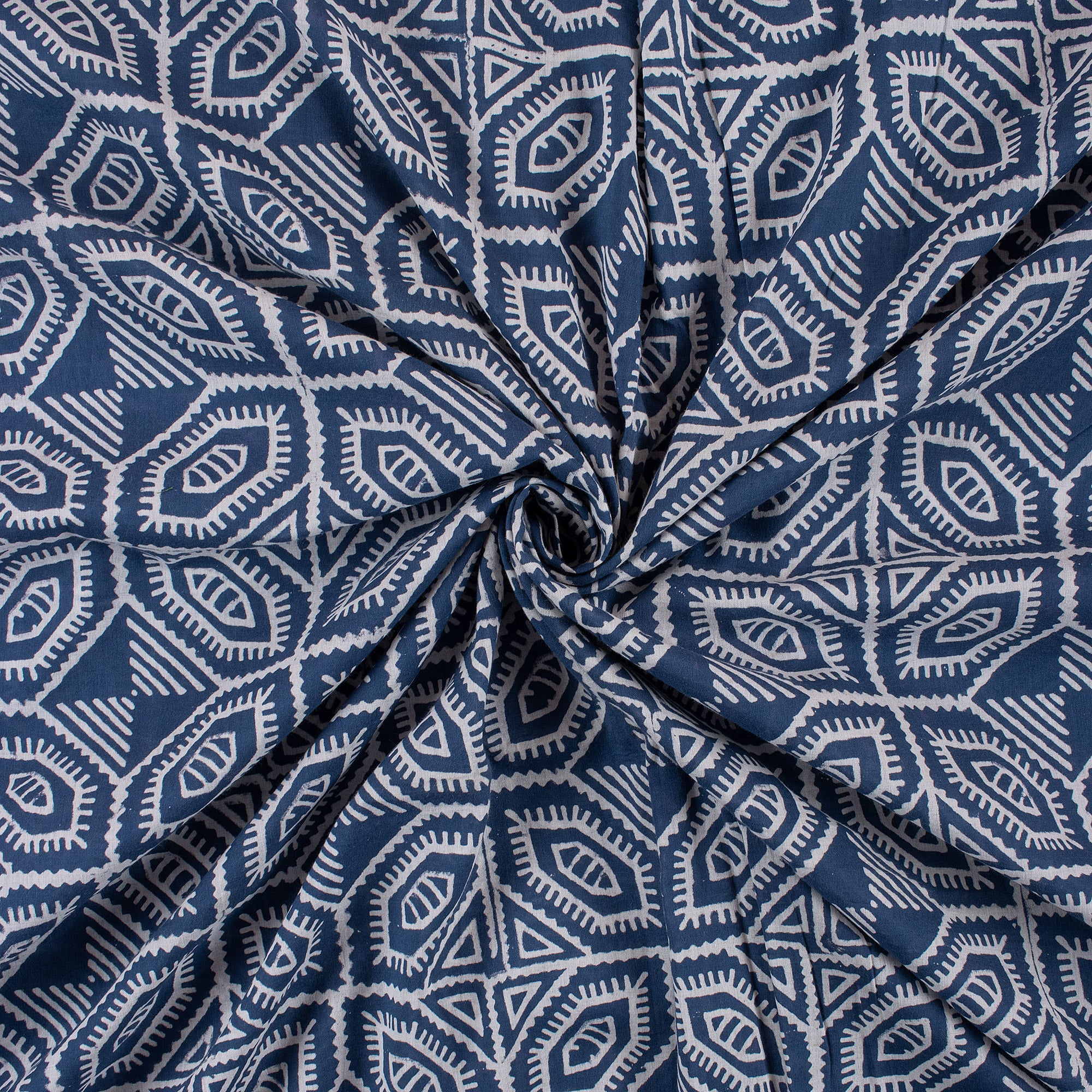 Geometrical Block Printed Indigo Blue Organic Natural Cotton Fabric
