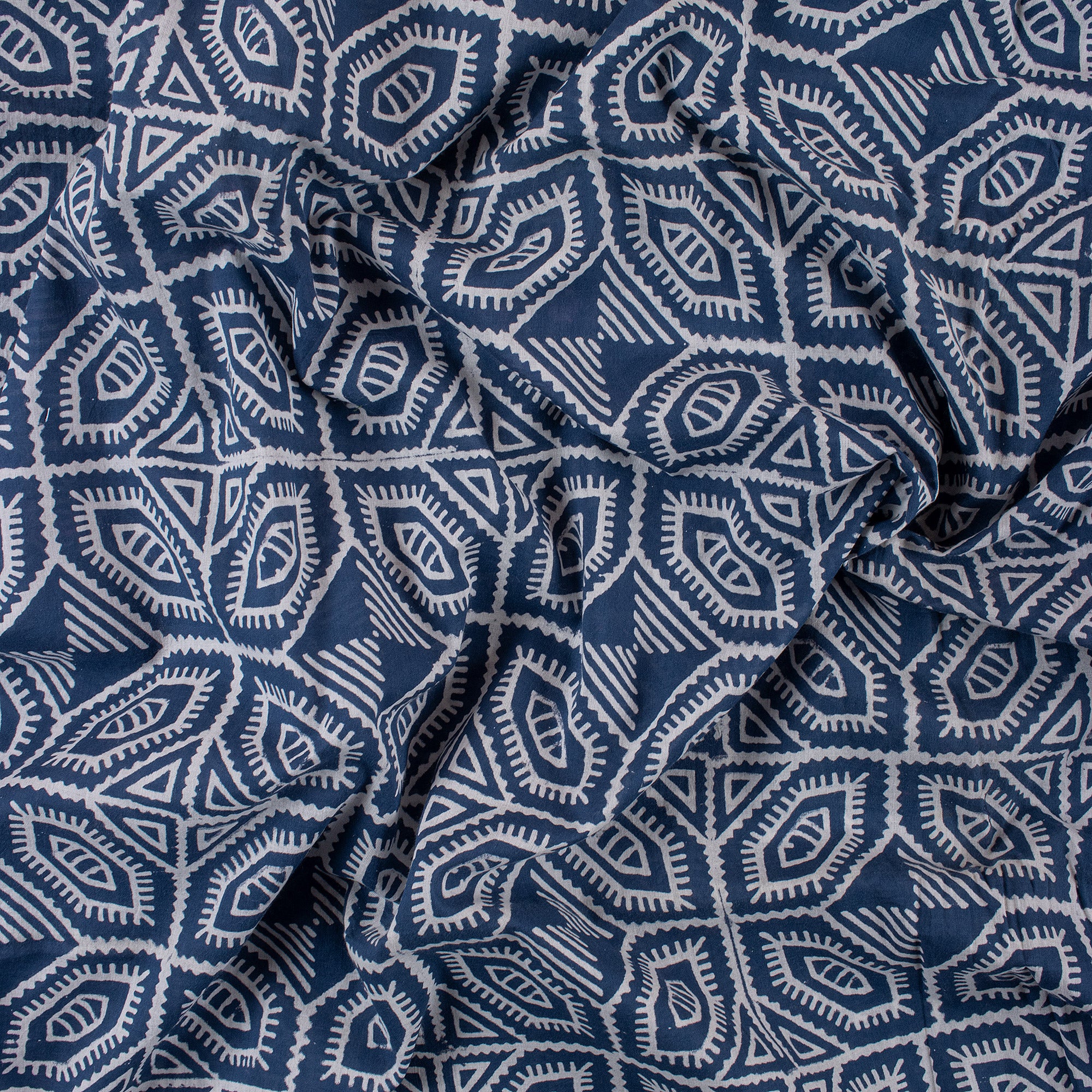 Geometrical Block Printed Indigo Blue Organic Natural Cotton Fabric