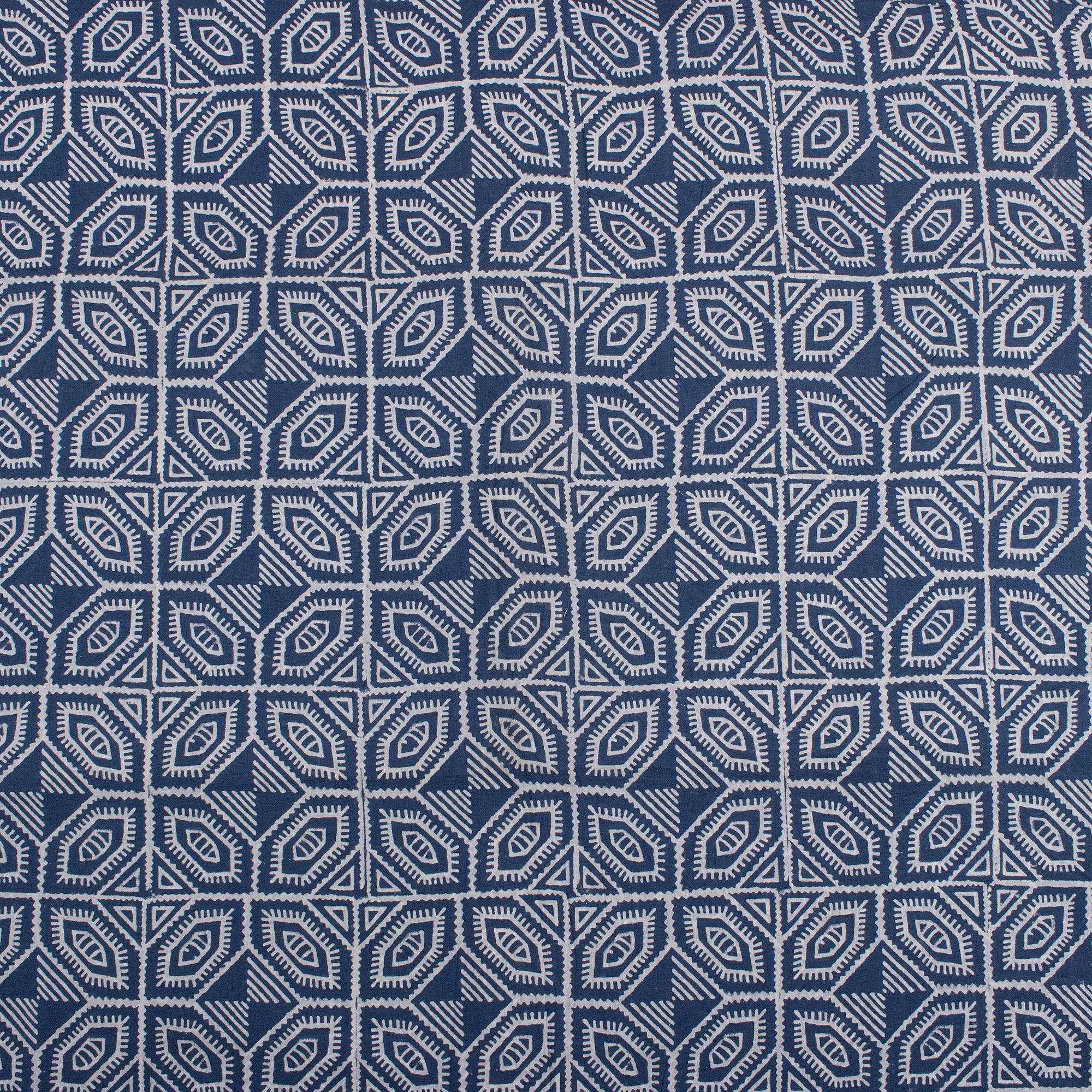 Geometrical Block Printed Indigo Blue Organic Natural Cotton Fabric