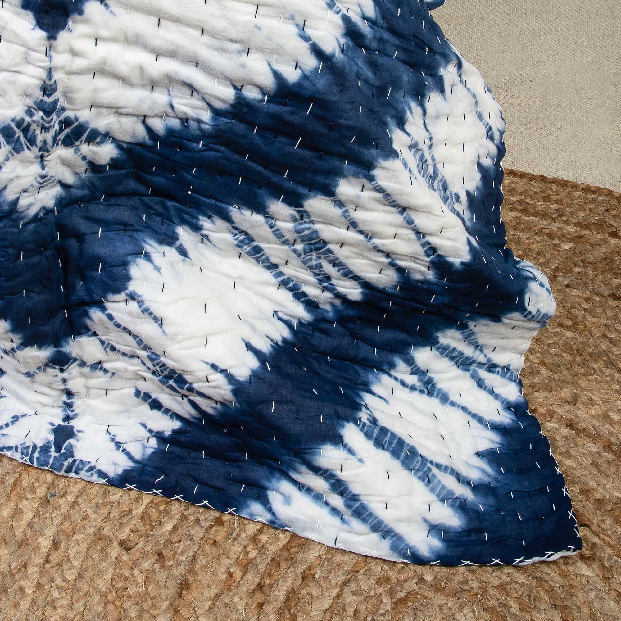 Geometrical Blue Tie Dyed Pure Cotton Kantha Quilts