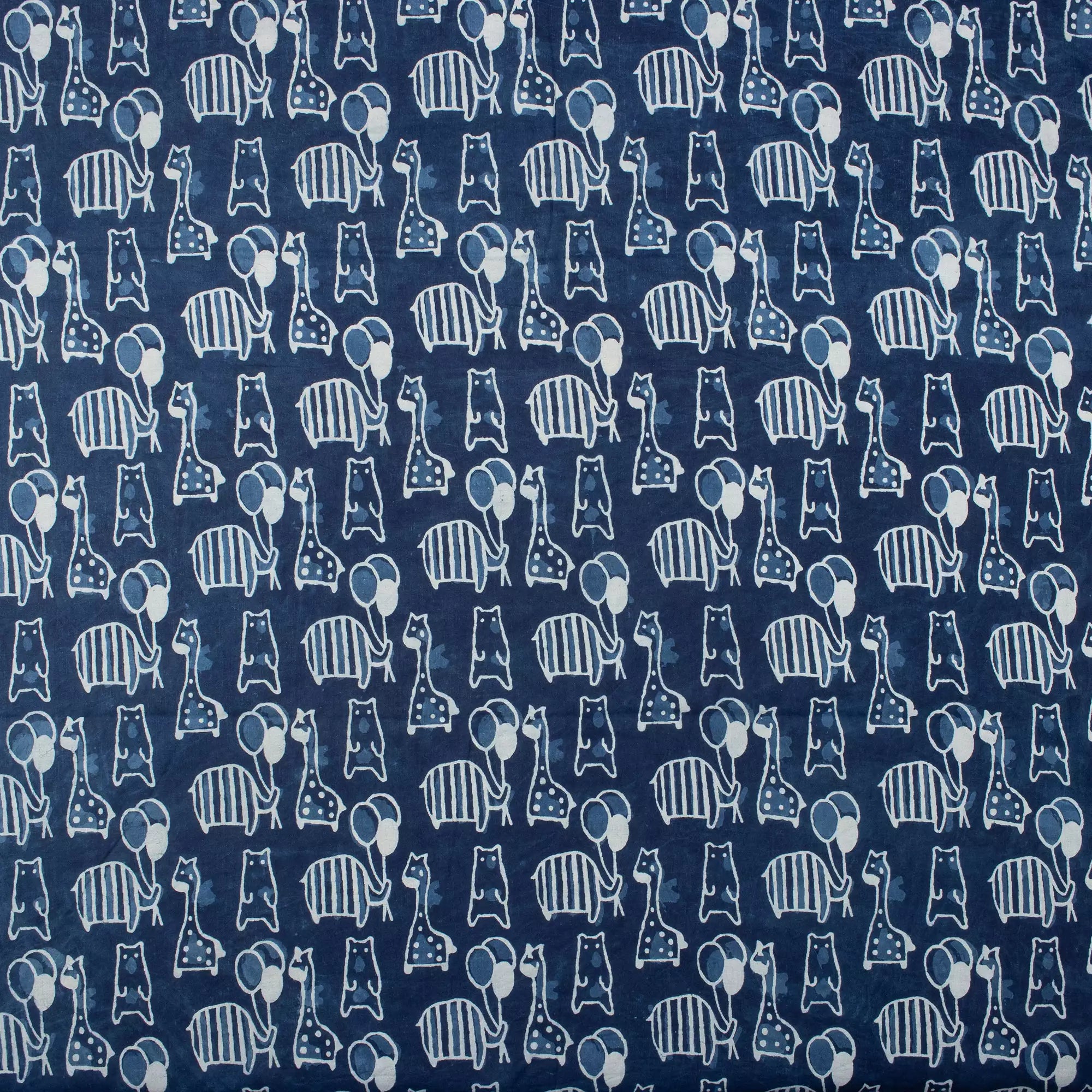 Giraffe and Bear Indigo Motif Cotton Fabric in India