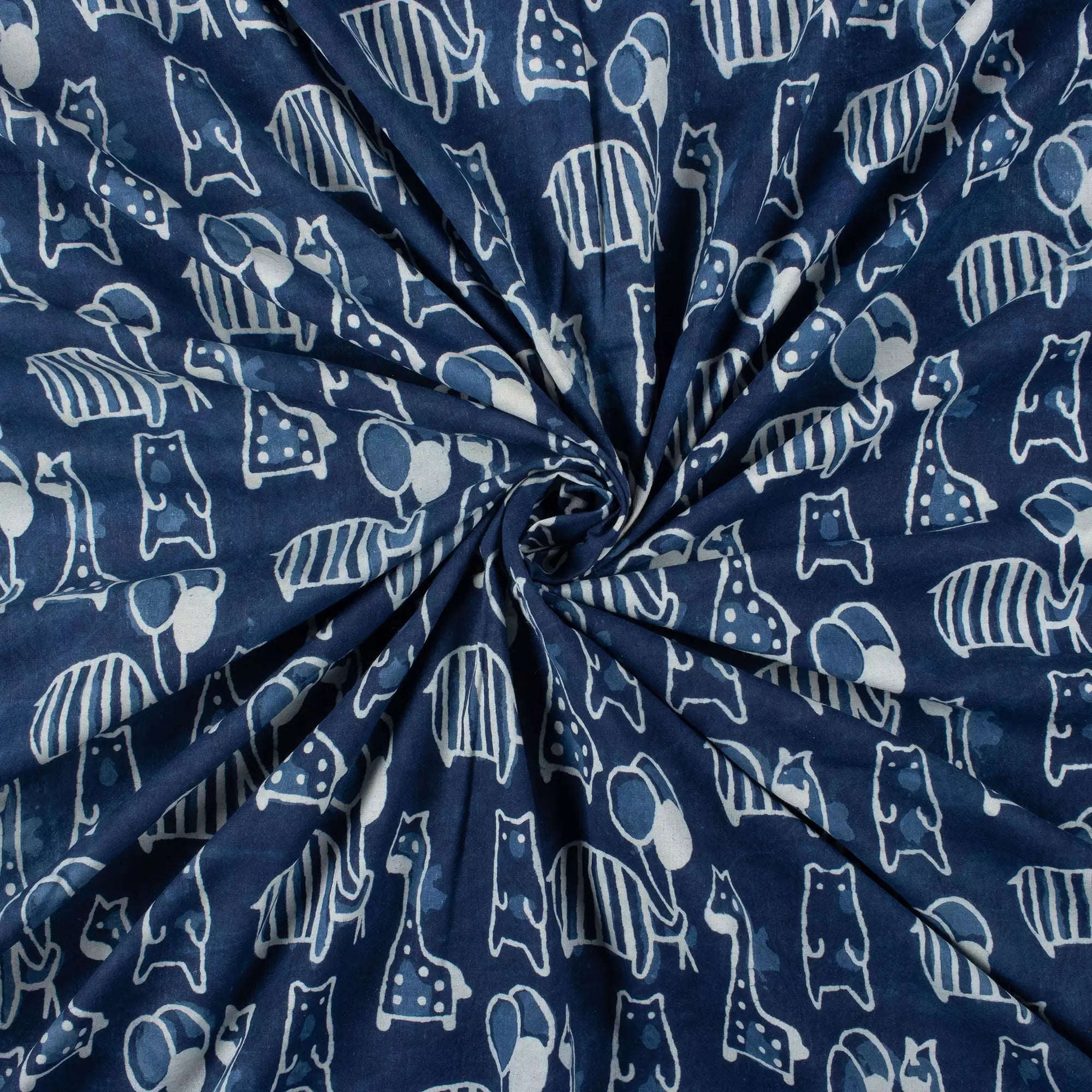 Giraffe and Bear Indigo Motif Cotton Fabric in India