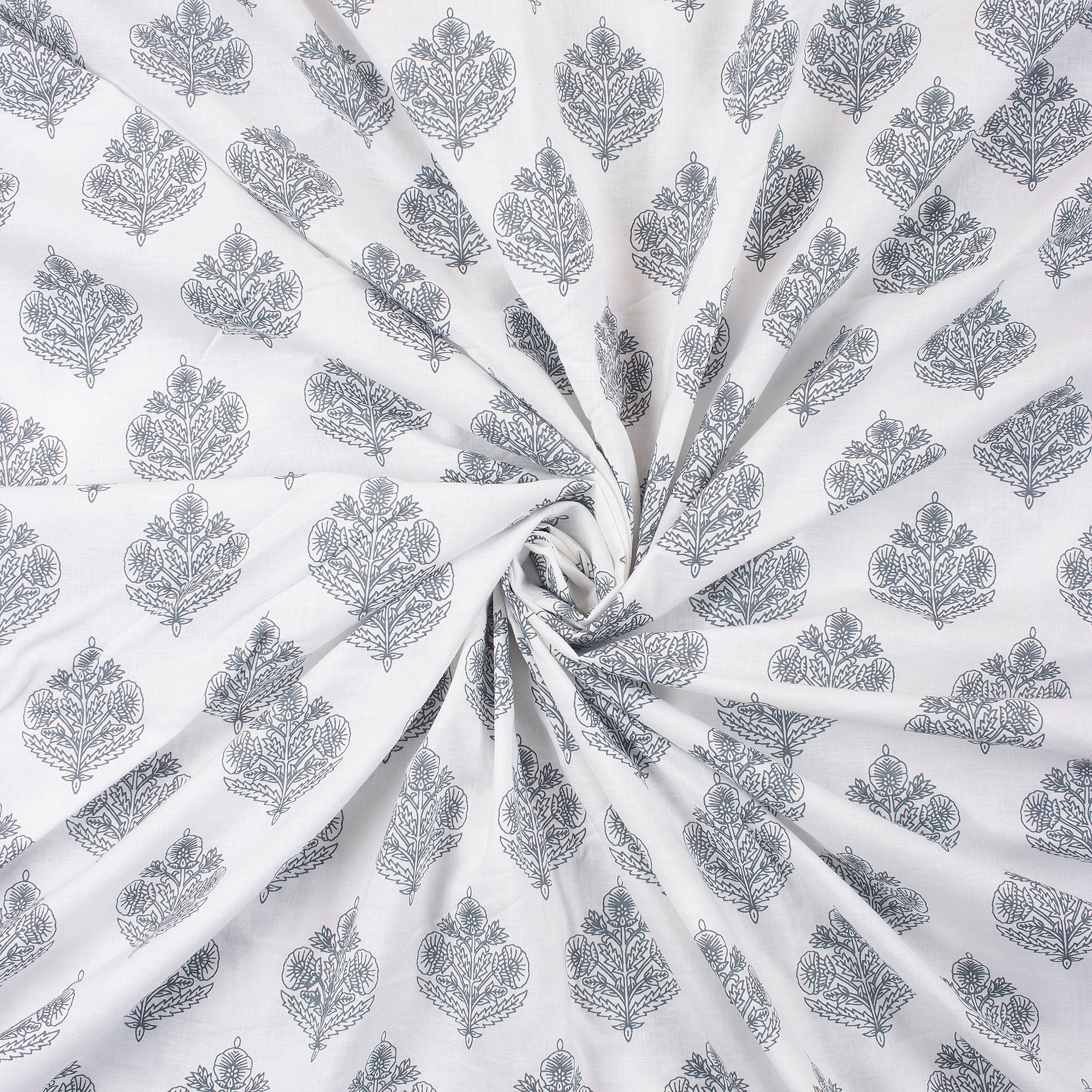 Gray Floral Boota 100% Cotton Hand Block Print Fabric