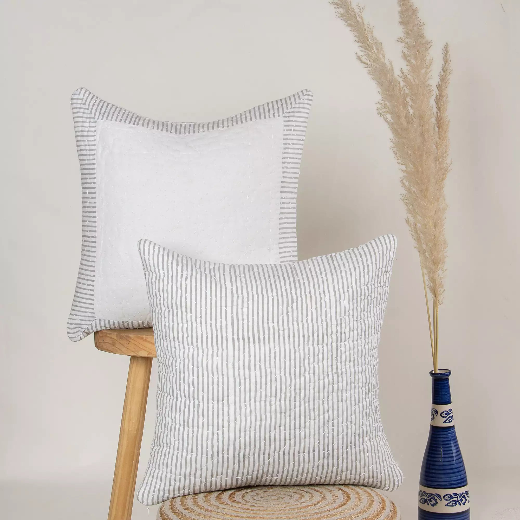 Gray Stripe Hand Printed Kantha Sofa Cushion Cover