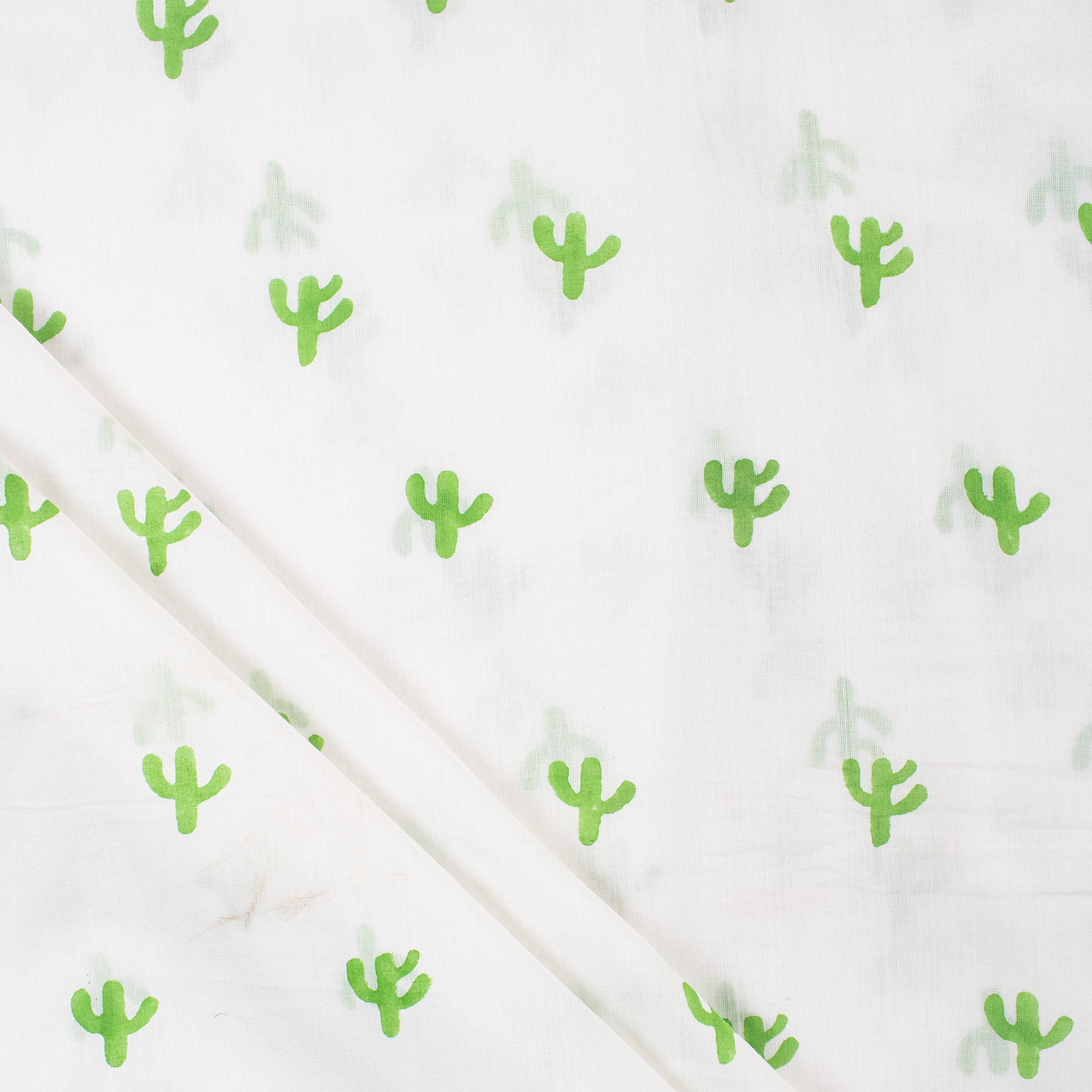Green Cactus Block Print Indian Cotton Running Material Fabric