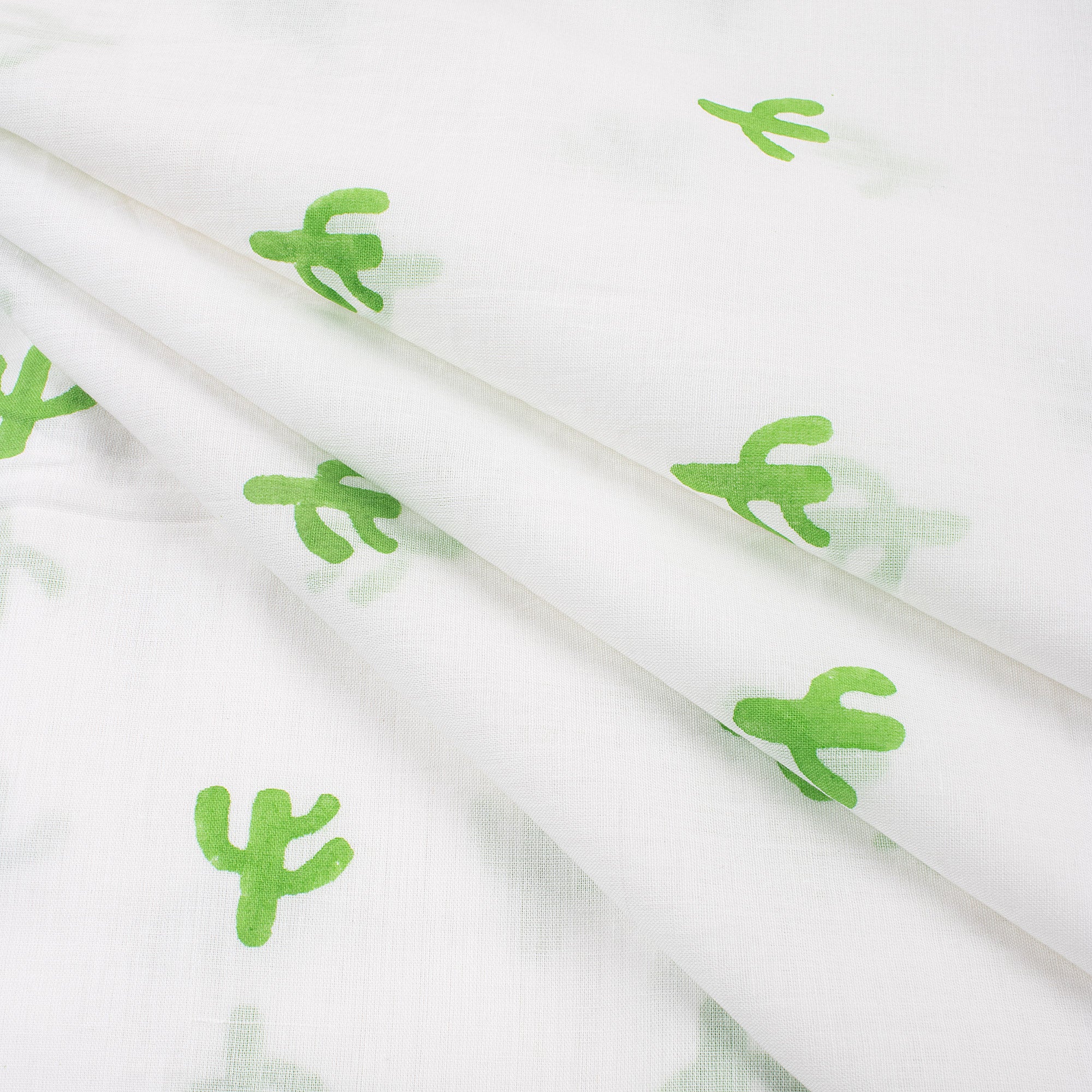 Green Cactus Block Print Indian Cotton Running Material Fabric