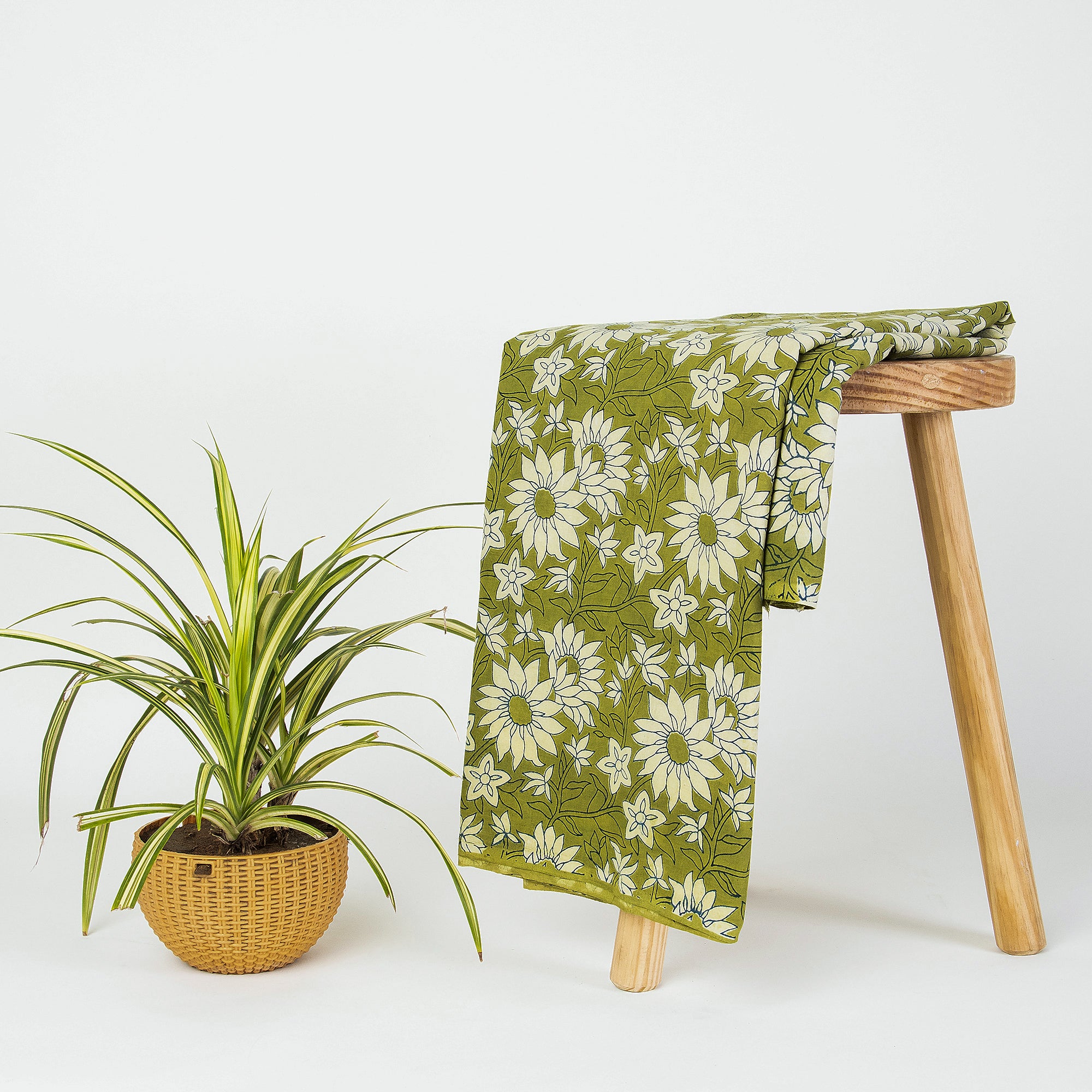 Green Floral Cotton Dabu Hand Block Print Fabric